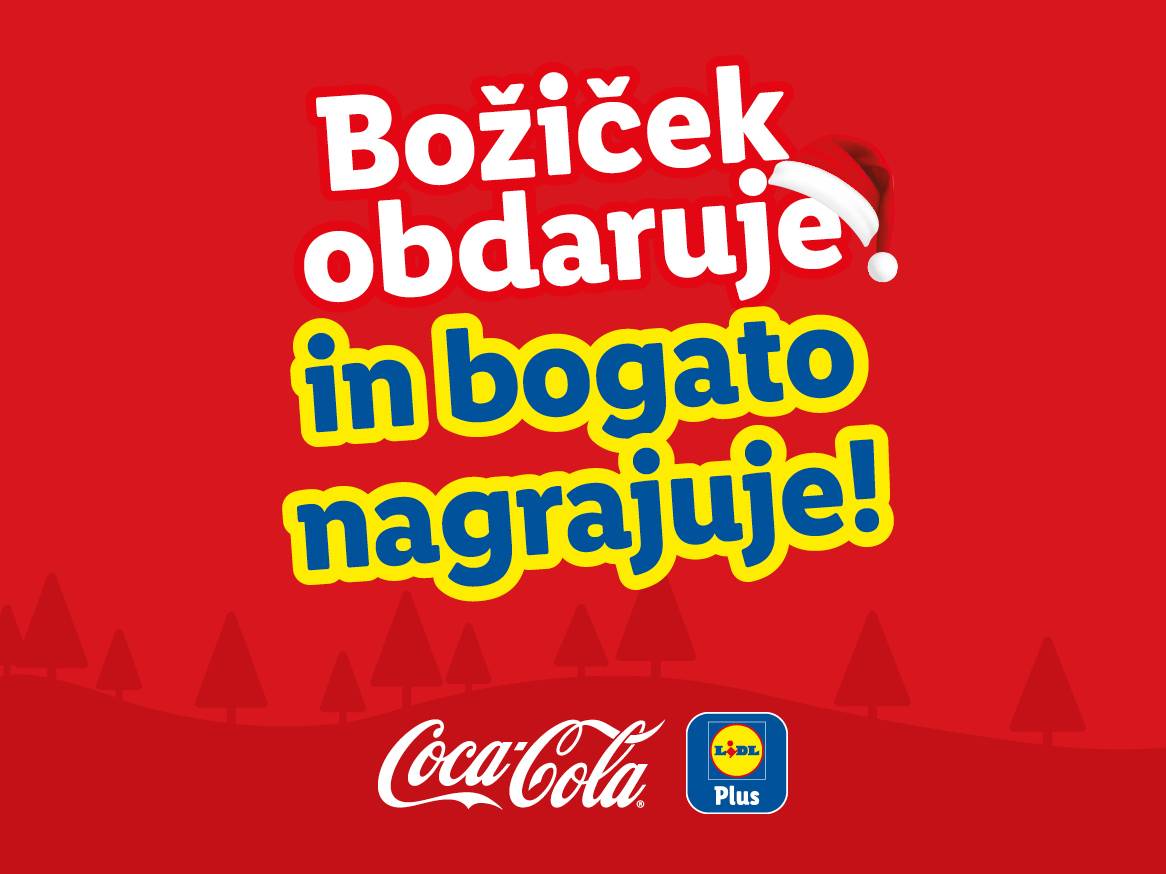 Božiček obdaruje in bogato nagrajuje! Coca-Cola in Lidl Plus logotipa na rdečem ozadju.