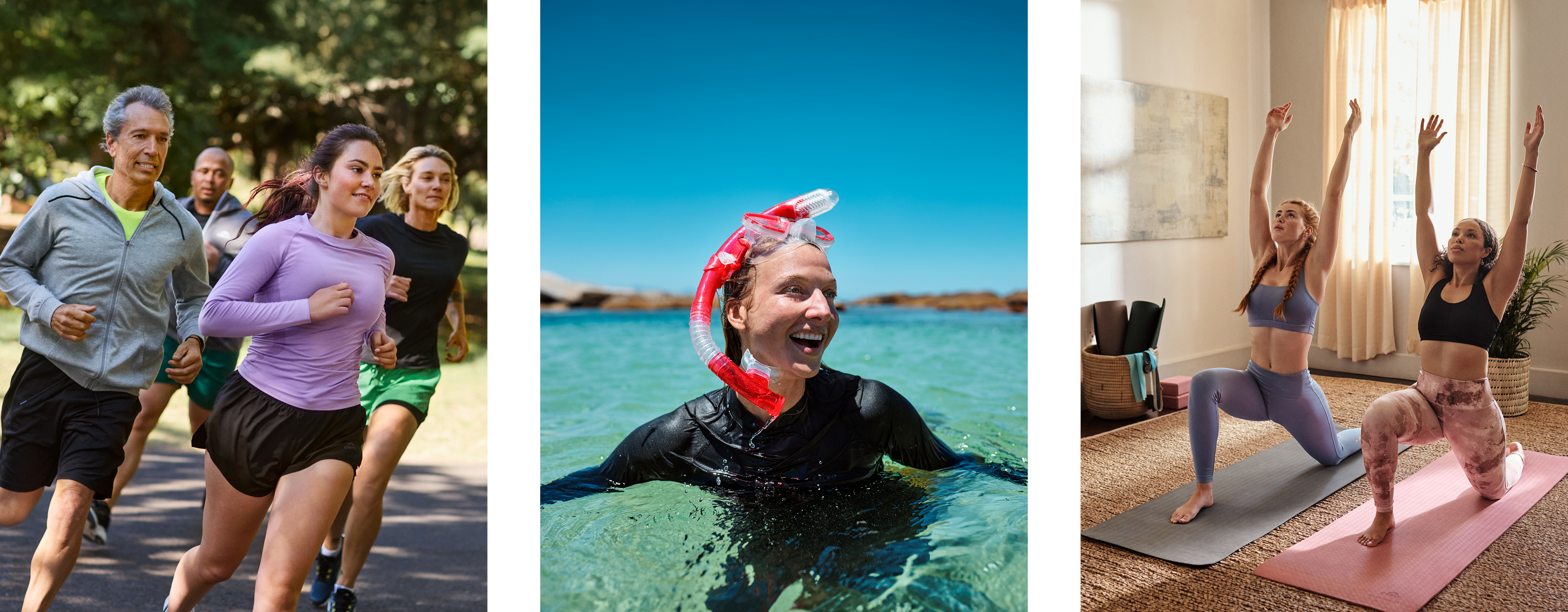 Ljudje tečejo, ženska v vodi s šnorkljem, ženski delata jogo.