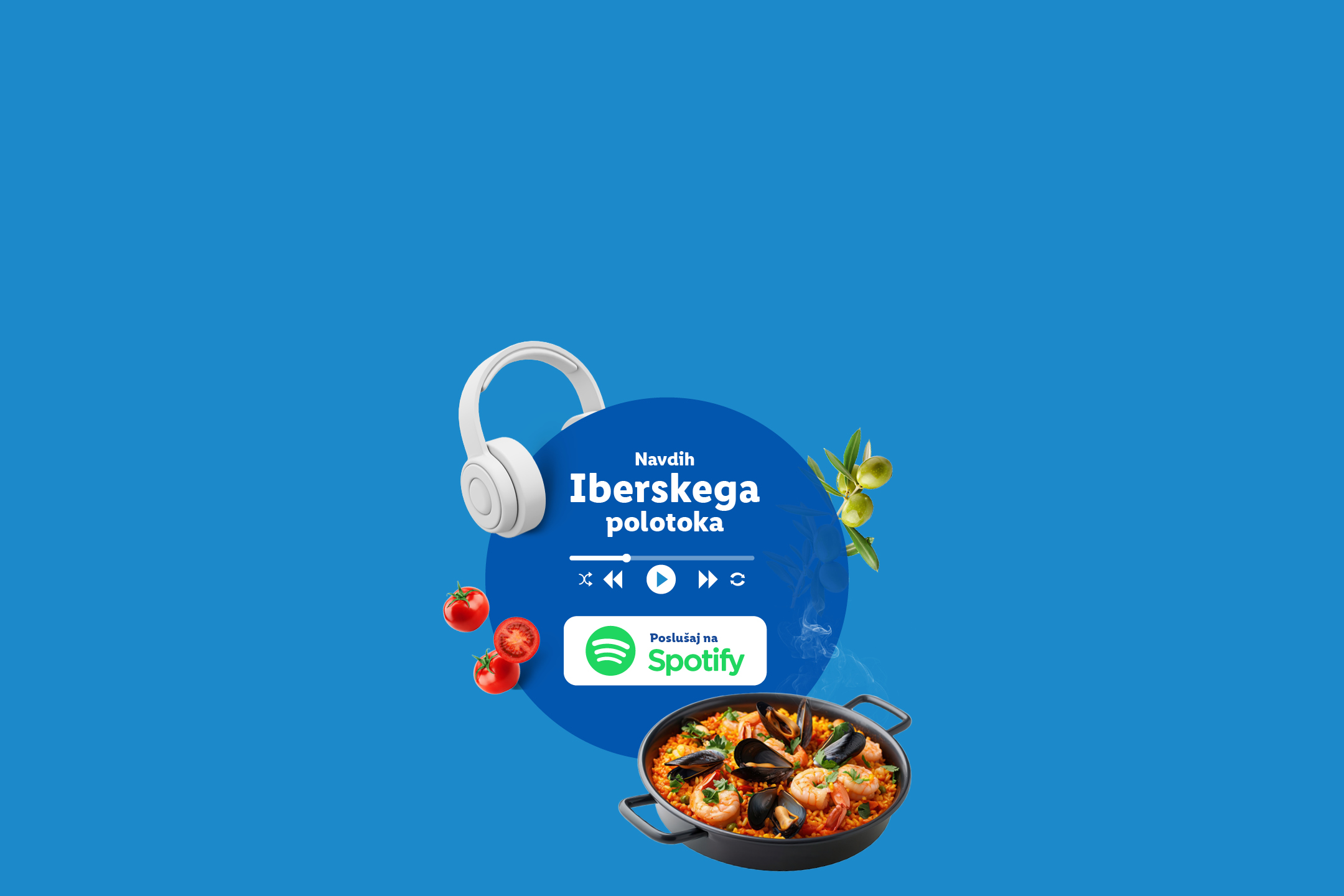 Paella v ponvi, slušalke, paradižniki in oljke na modrem ozadju z napisom »Navdih Iberskega polotoka«.