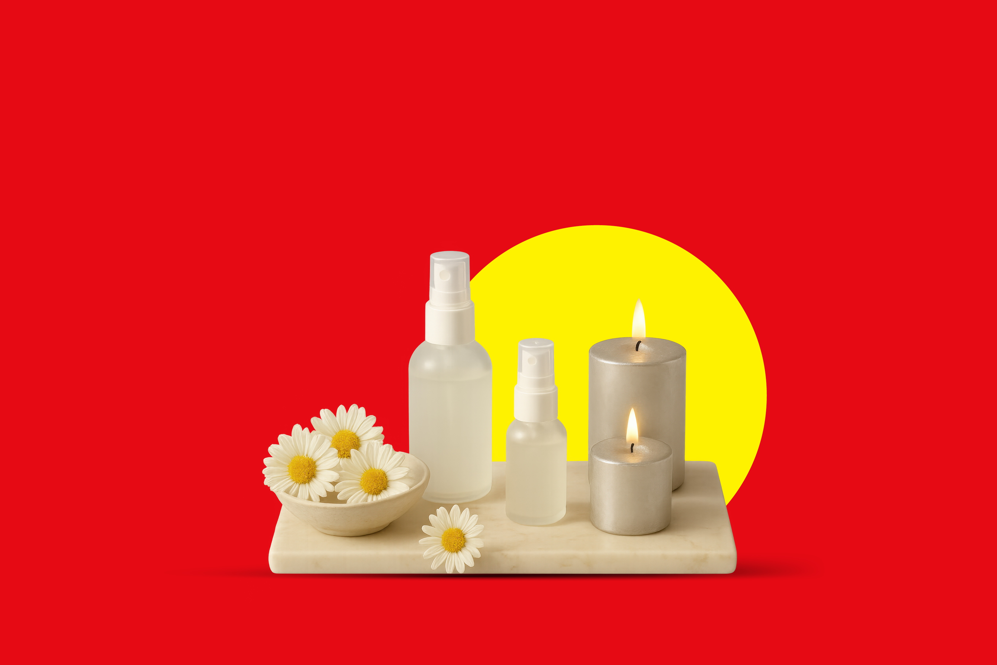 Kozmetični spreji, dišeče sveče in marjetice na marmornatem pladnju.