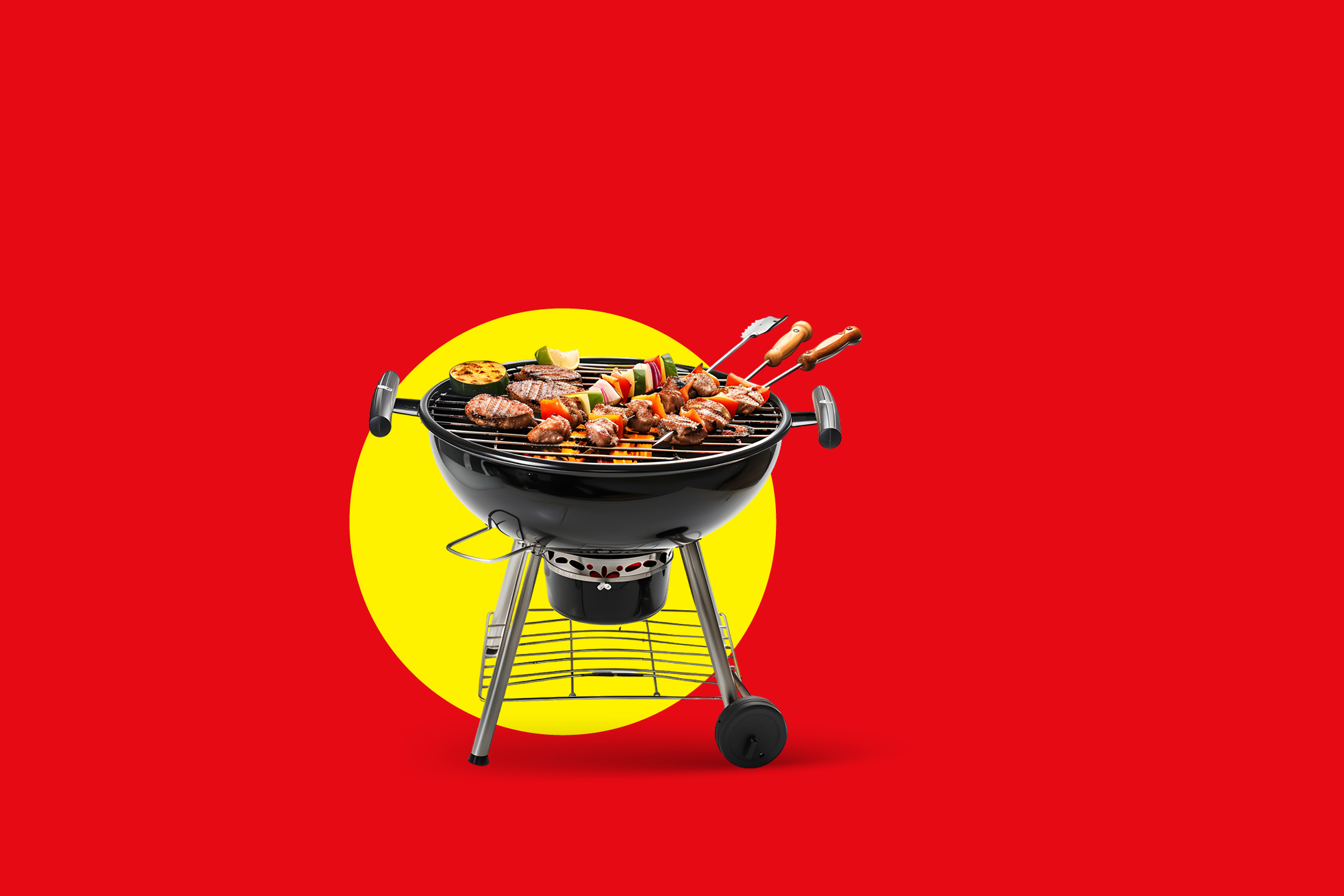Žar na oglje s pečenim mesom in zelenjavo na rdečem ozadju z rumenim krogom.