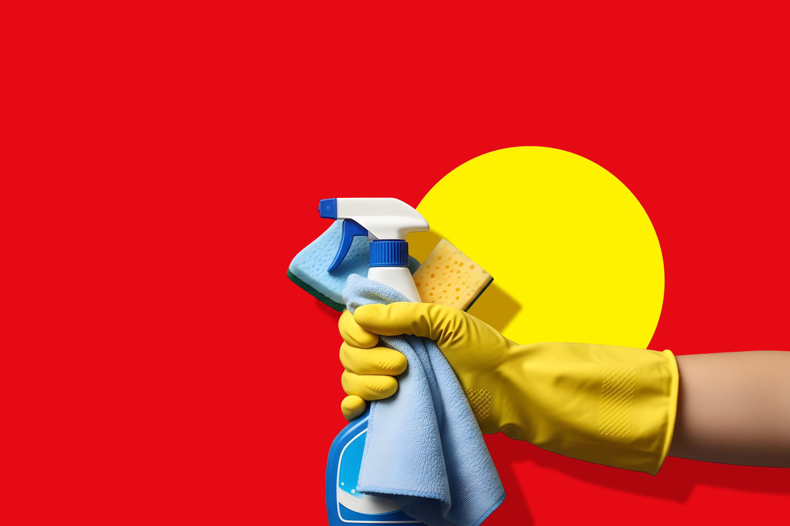 Roka v rumeni rokavici drži čistila in gobico na rdečem ozadju z rumenim krogom.