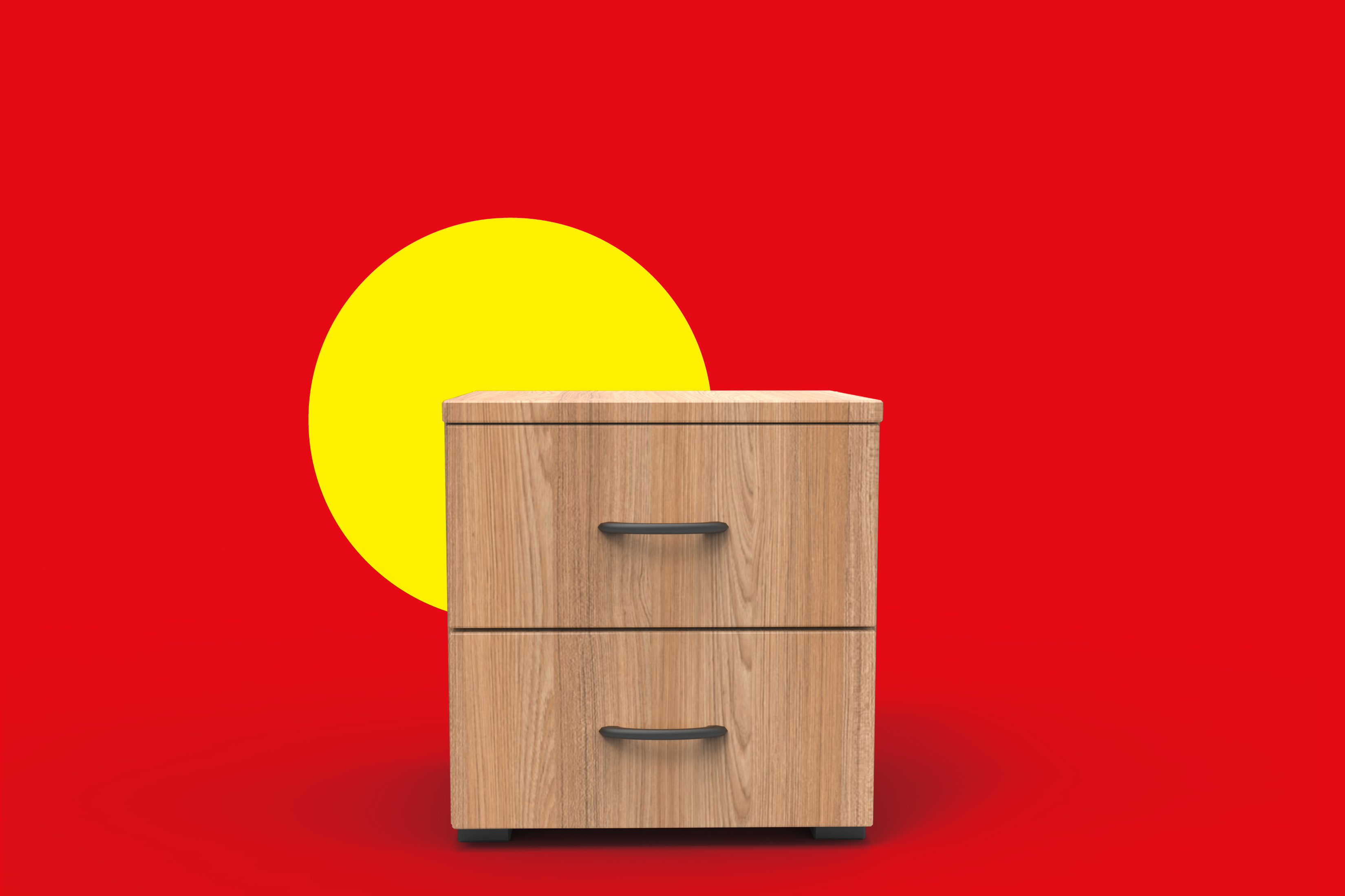 Lesena nočna omarica z dvema predaloma na rdečem ozadju z rumenim krogom.