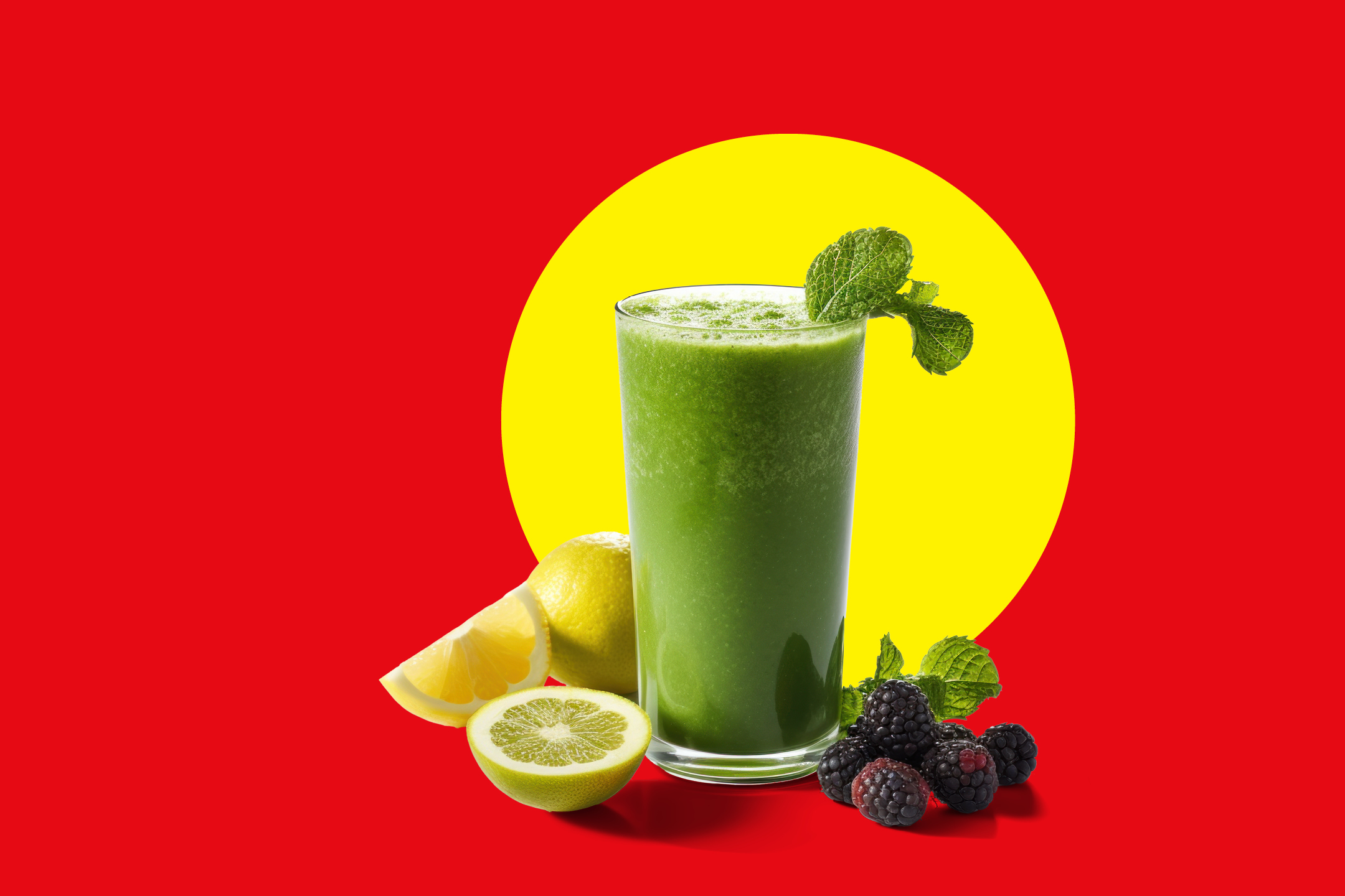 Zeleni smoothie z limono, robidami in meto na rdečem ozadju z rumenim krogom.