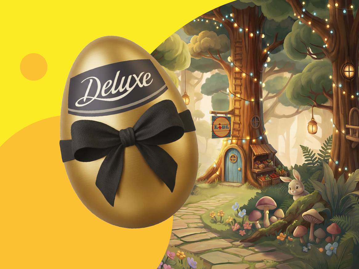 Zlato velikonočno jajce z napisom Deluxe in črno pentljo v pravljičnem gozdu.