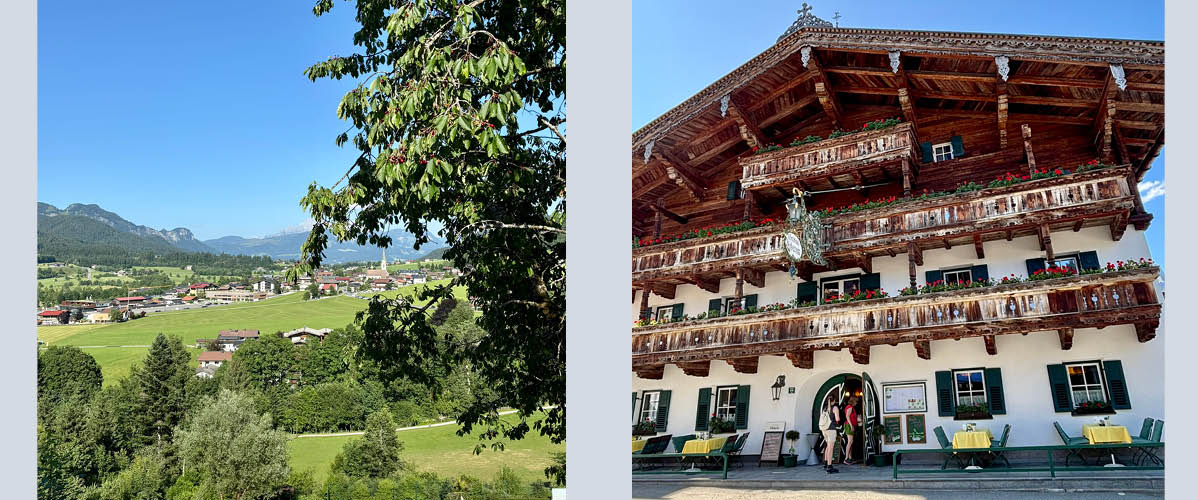 Slikovita alpska vasica s tradicionalno leseno hišo.