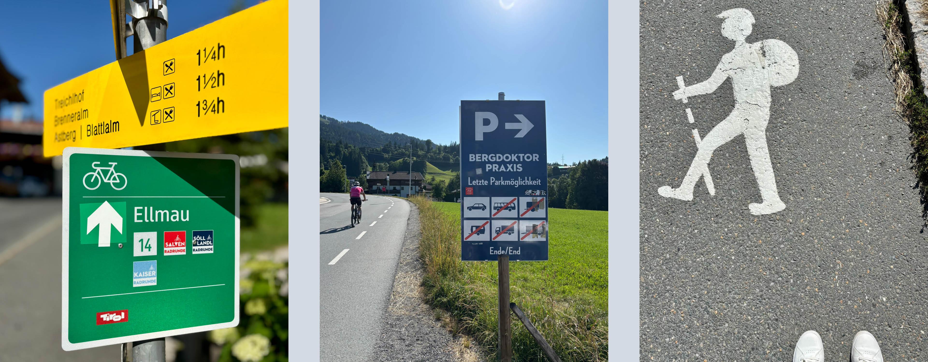 Oznake za kolesarske in pohodniške poti v Ellmauju, Tirolska, z informacijami o parkirišču pri zdravniški ordinaciji.