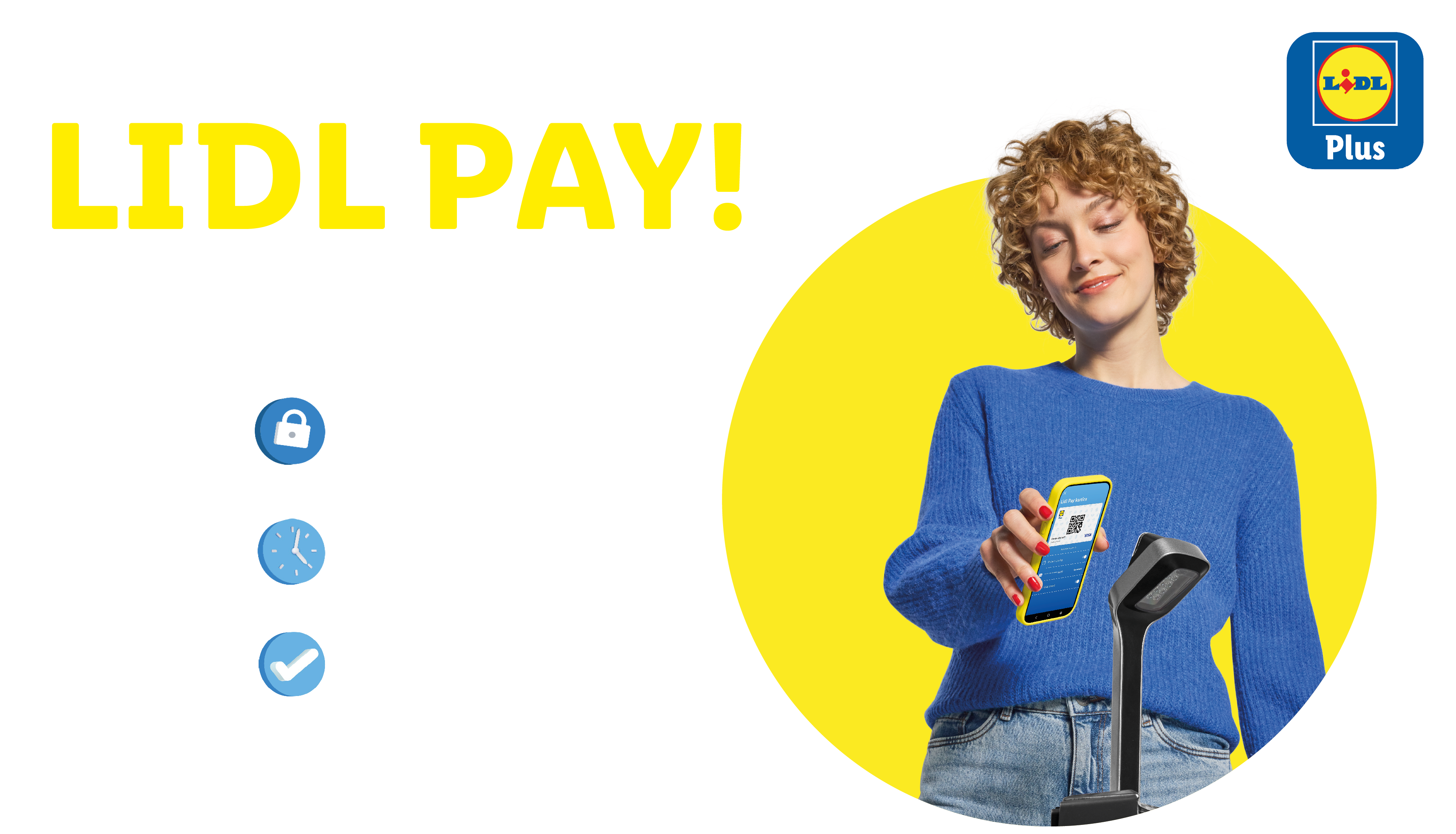 Ženska uporablja aplikacijo Lidl Pay za plačilo z mobilnim telefonom.
