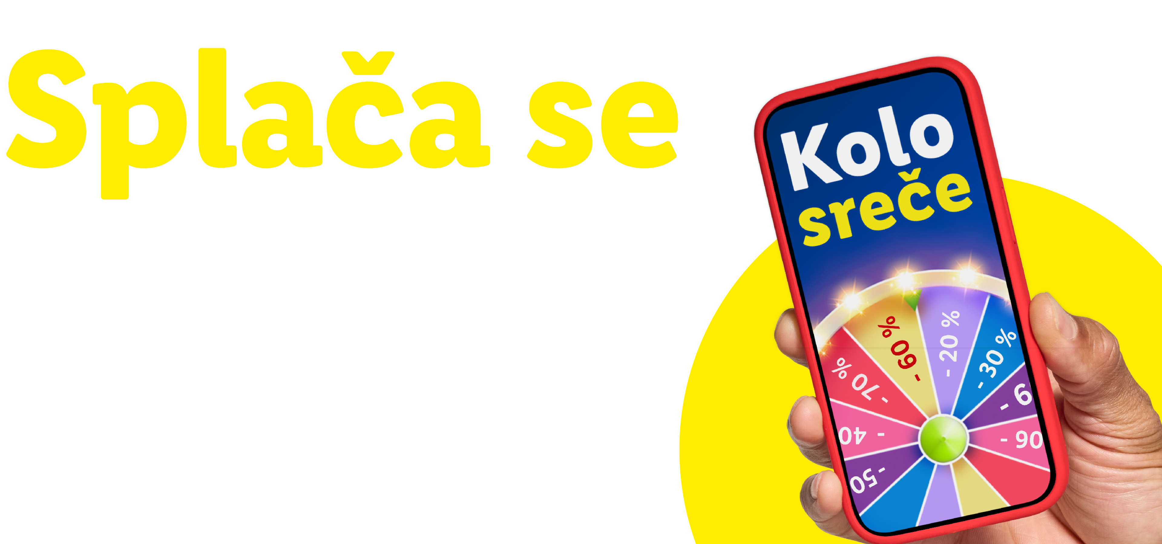 Napis 'Splača se' in roka, ki drži telefon z igro 'Kolo sreče'.