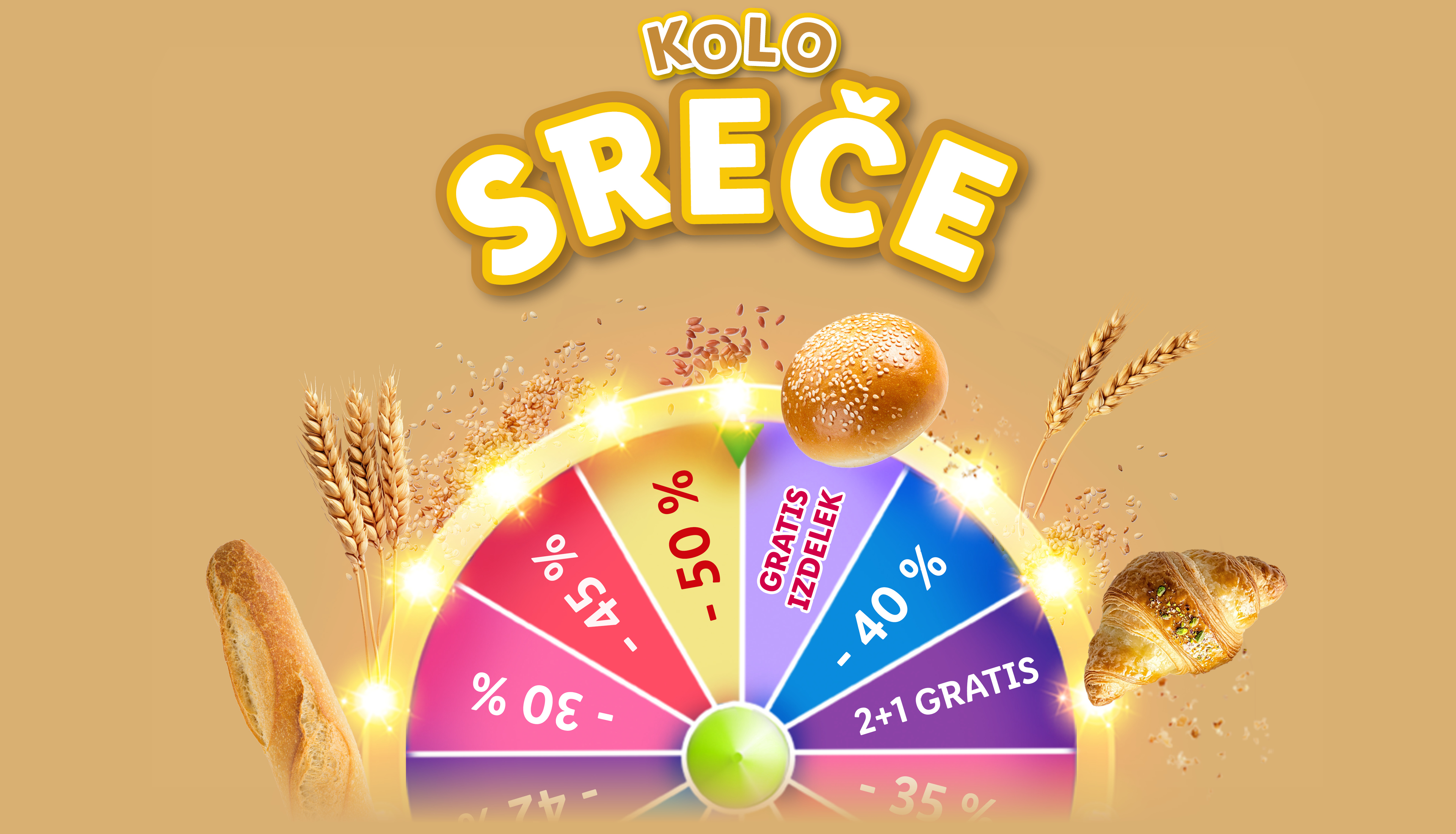 Kolo sreče s pekovskimi izdelki, kot so kruh, žemlje in rogljički, ter popusti.