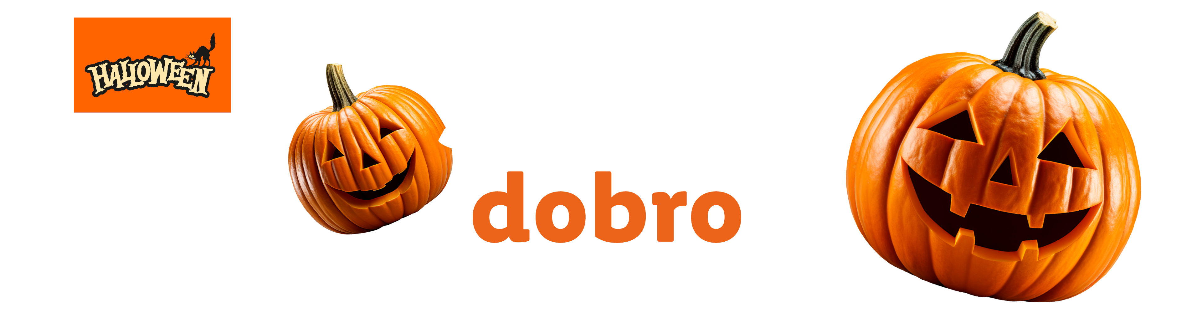 Dve izrezljani buči in napis 'HALLOWEEN' z mačko, ter beseda 'dobro'.
