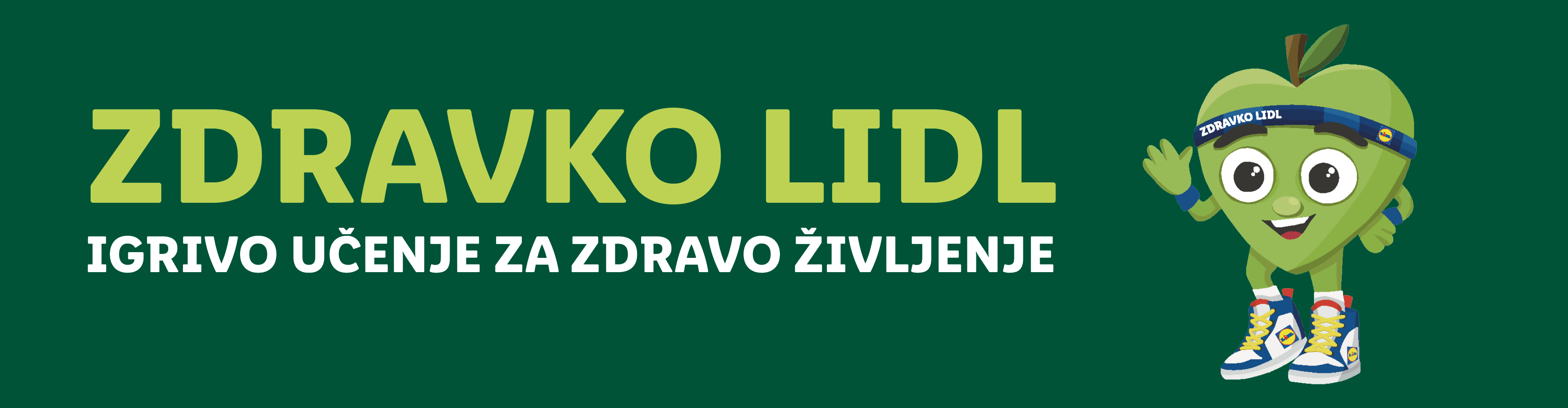 Zeleno jabolko z obrazom, ki nosi naglavni trak z napisom 'Zdravko Lidl' in superge.