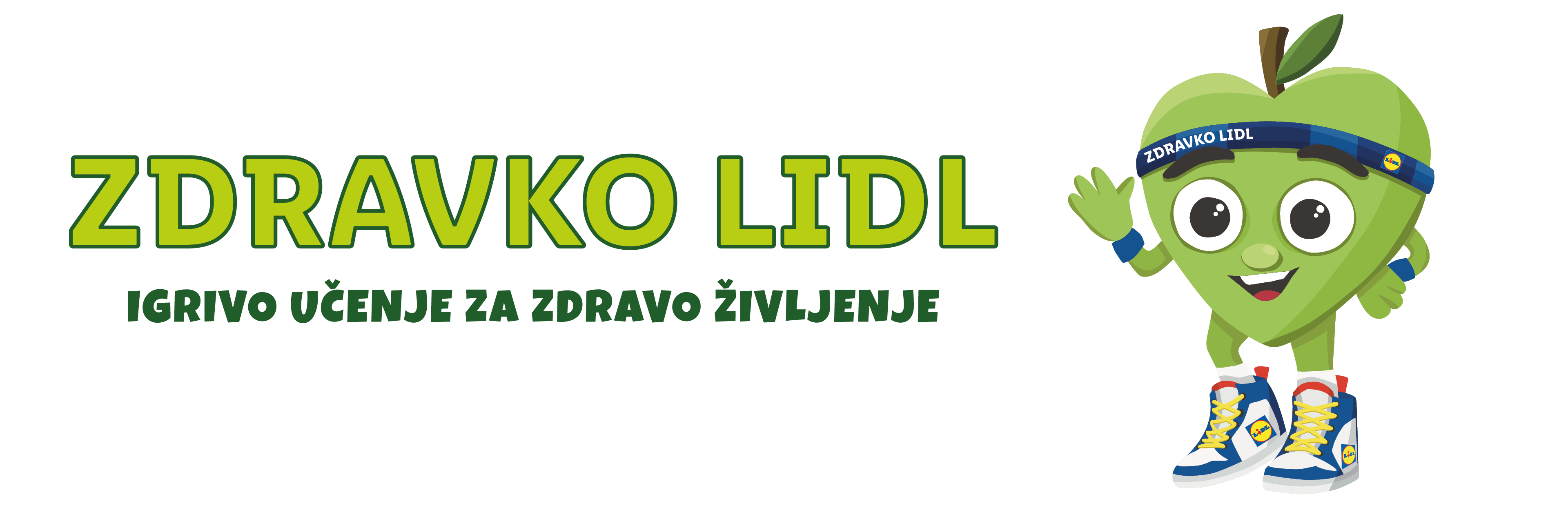 Zeleno jabolko z obrazom, ki nosi naglavni trak z napisom 'Zdravko Lidl' in superge.