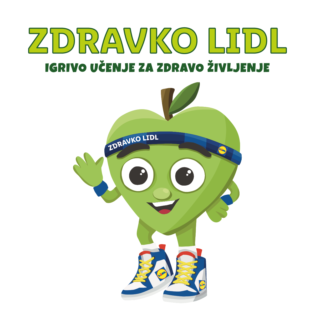 Zeleno jabolko z obrazom, ki nosi naglavni trak z napisom 'Zdravko Lidl' in superge.