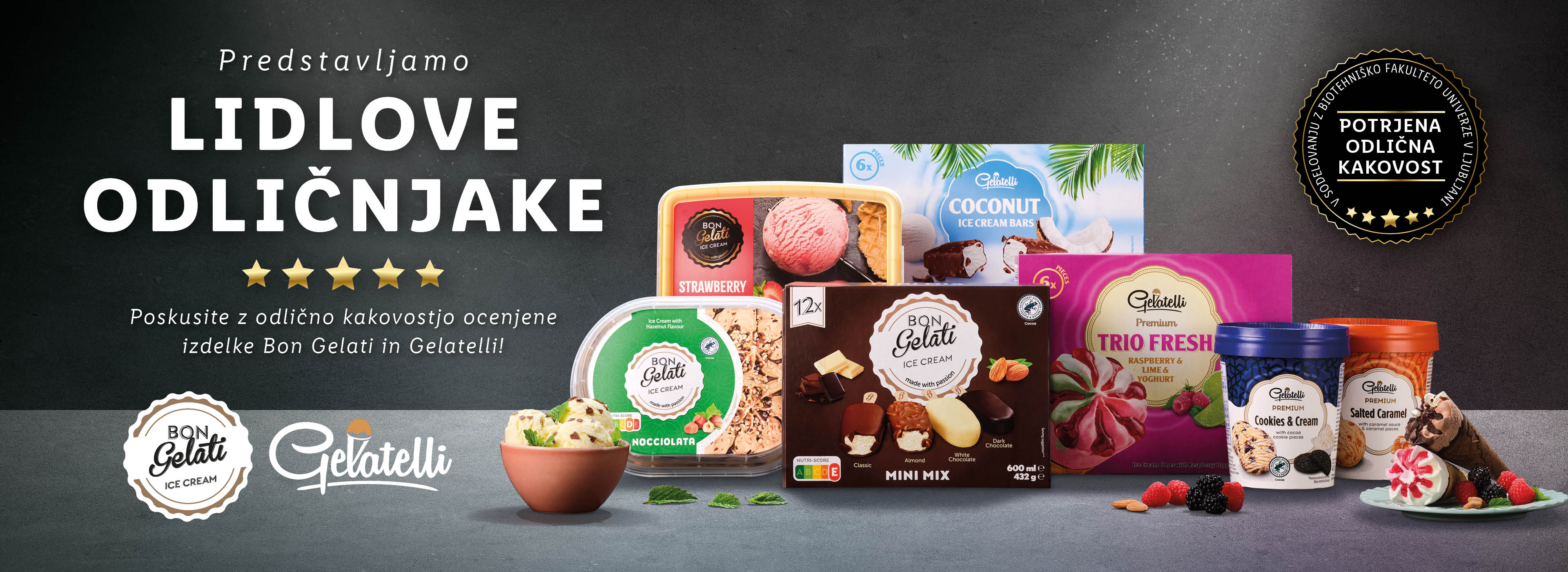 Sladoled Bon Gelati in Gelatelli: mini mešanica, kokos palčke, Trio Fresh.