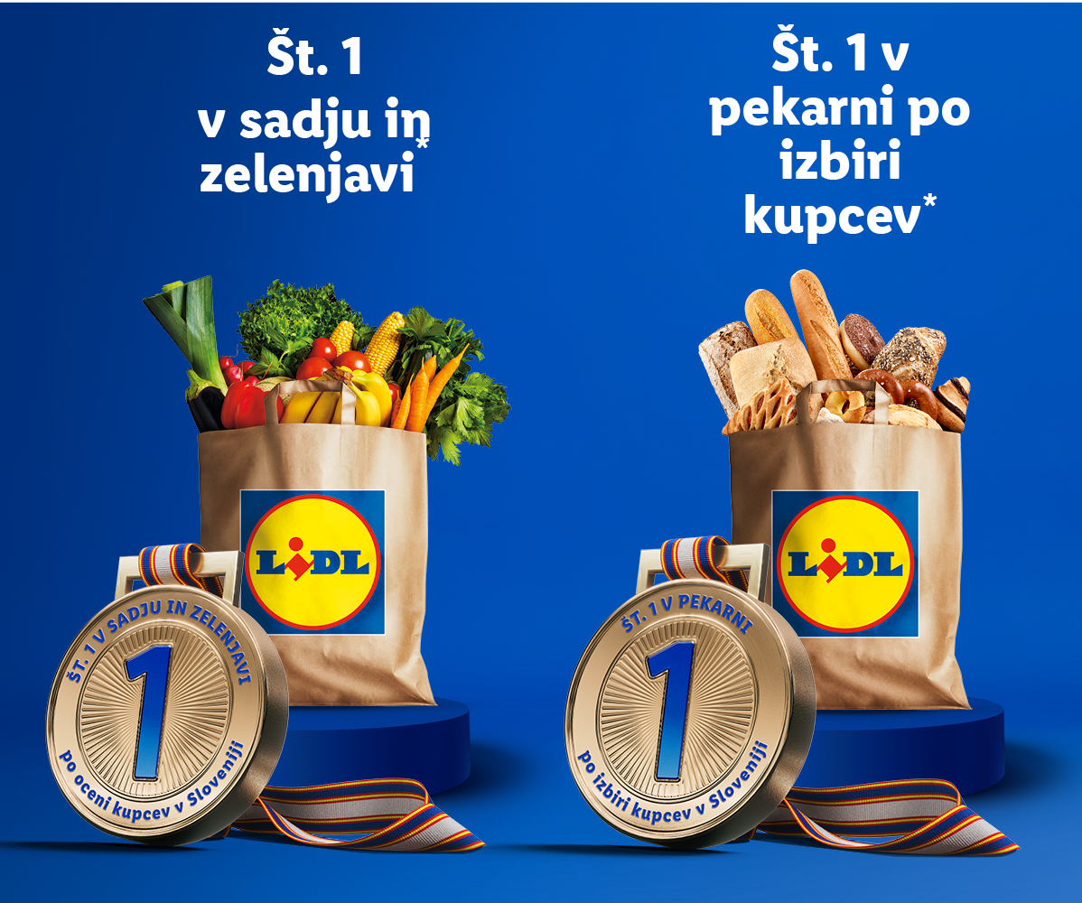 Dve papirnati vrečki, ena polna sadja in zelenjave, druga polna pekovskih izdelkov, obe z medaljami, ki označujejo »št. 1«.