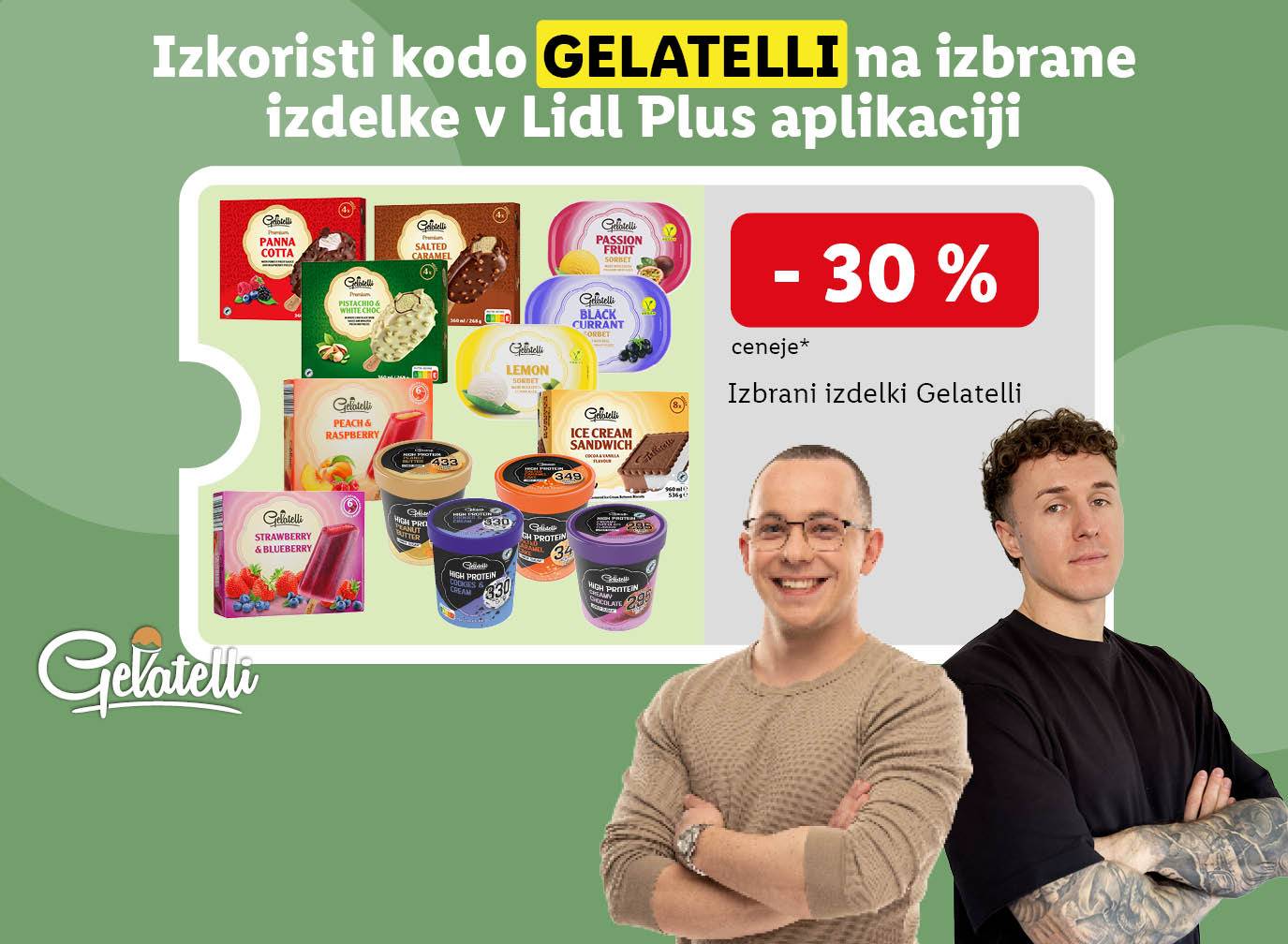 Gelatelli sladoledi in zamrznjeni izdelki s 30% popustom v Lidl Plus aplikaciji.
