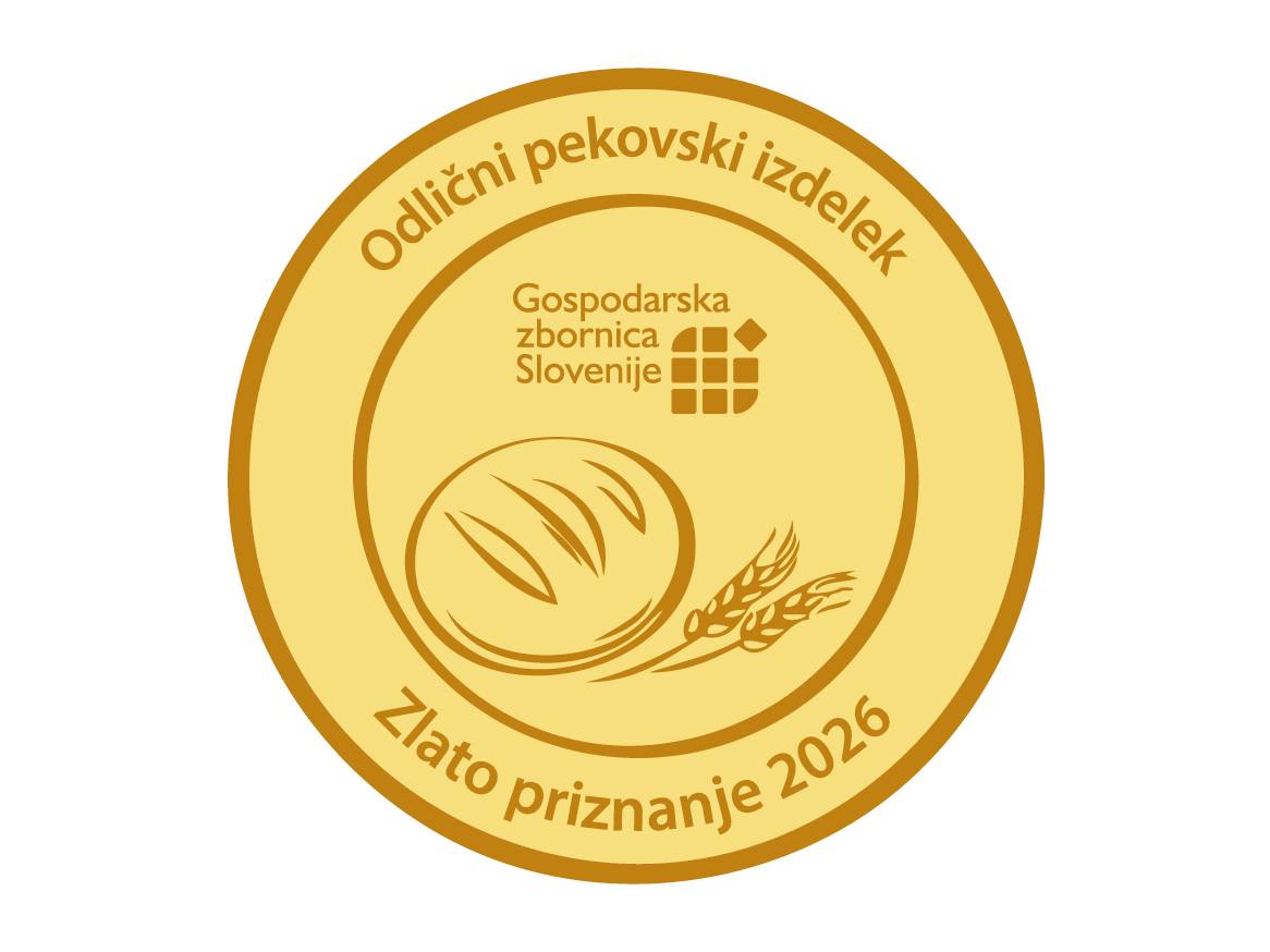 Zlata nagrada za odličen pekovski izdelek 2026, z logotipom Gospodarske zbornice Slovenije, kruhom in pšenico.