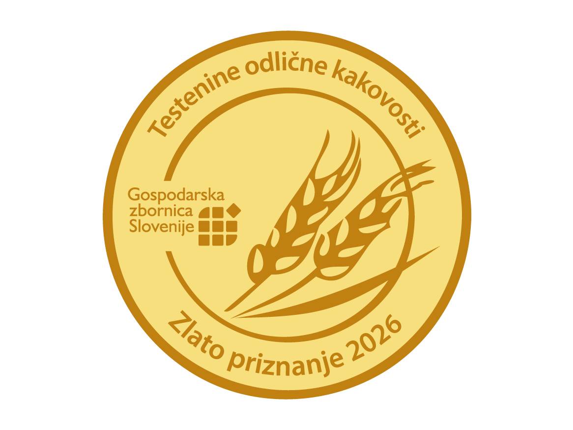 Zlato priznanje za testenine odlične kakovosti 2026, z logotipom Gospodarske zbornice Slovenije in pšeničnimi klasi.