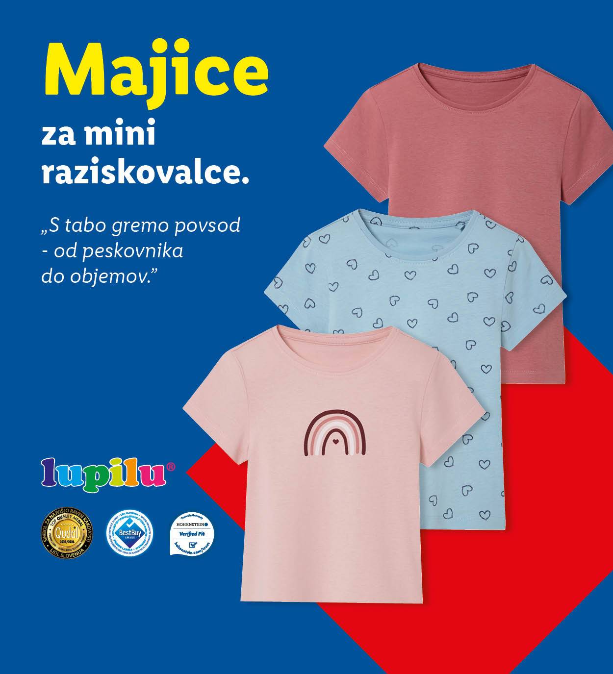 Lupilu majice za male raziskovalce: tri barvite majice z različnimi potiski.