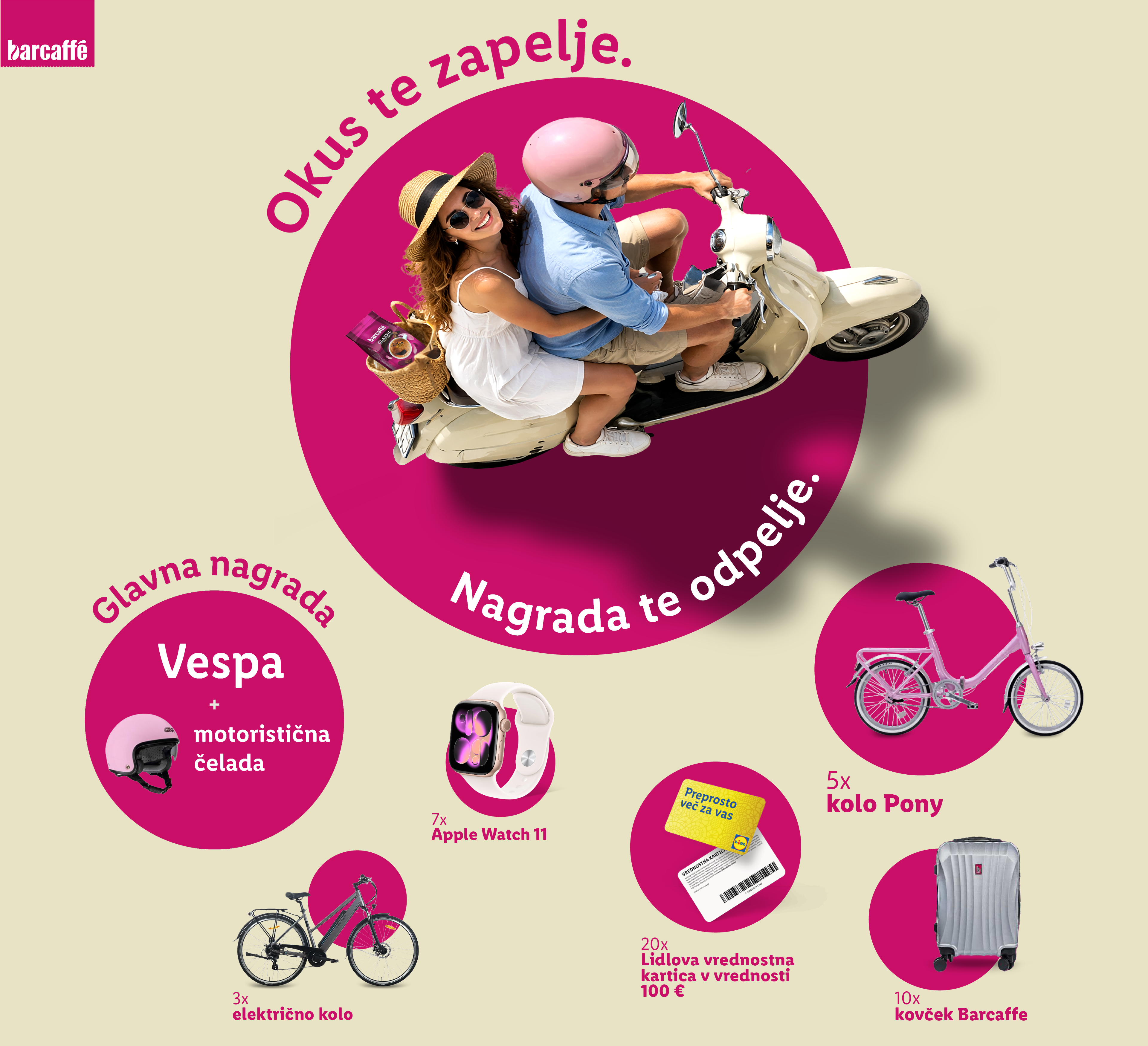 Par na skuterju in nagrade: Vespa, električna kolesa, Pony kolesa, darilne kartice, pametne ure in kovčki.
