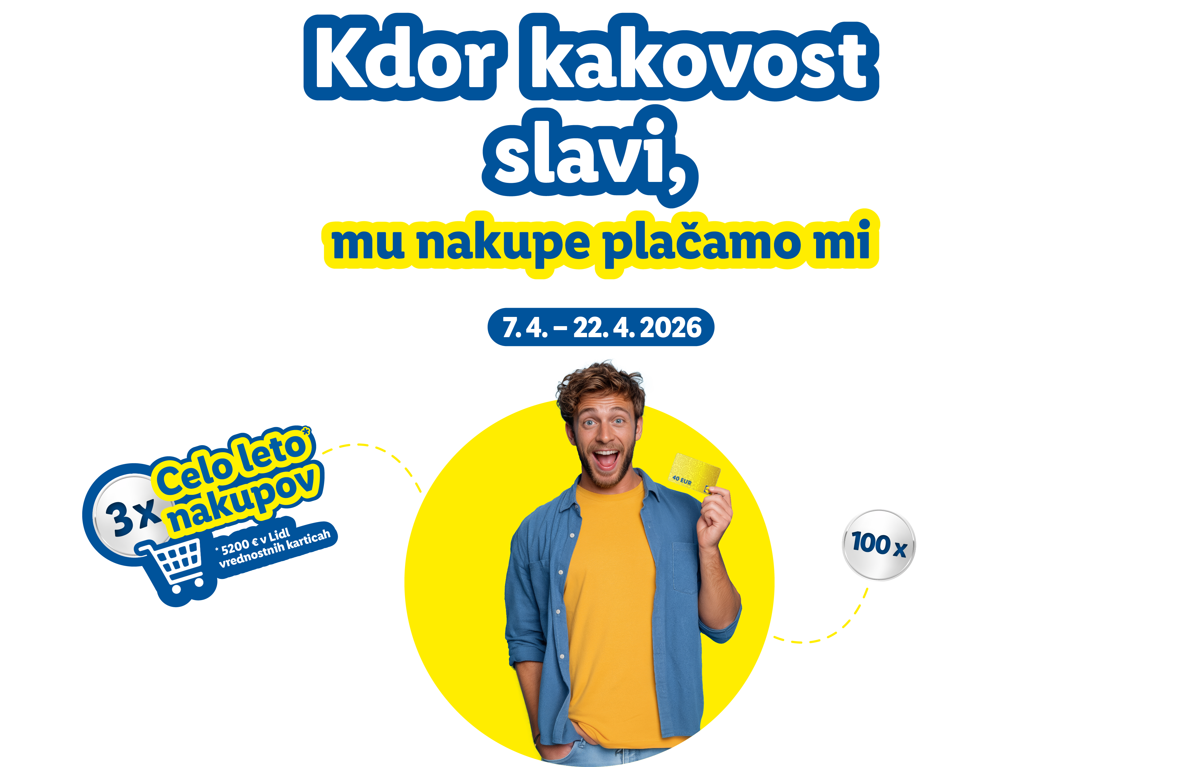 Moški drži darilno kartico, obljuba 3x nakupov in 100x 40€ vrednostnih kartic.