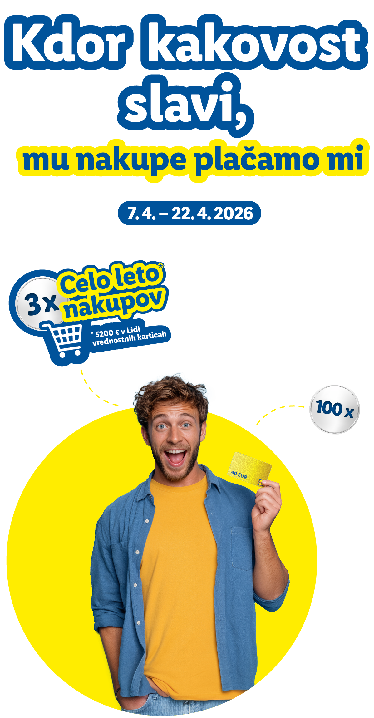 Moški drži darilno kartico, obljuba 3x nakupov in 100x 40€ vrednostnih kartic.