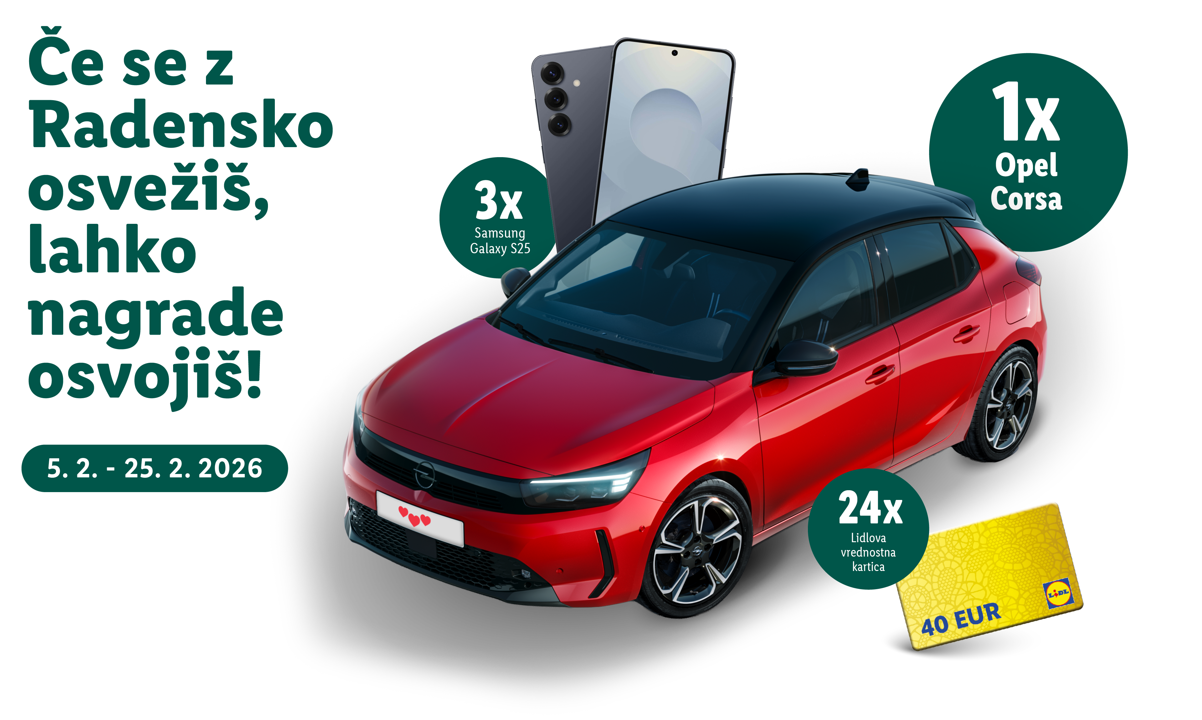 Oglas za nagradno igro s pijačo, avtomobilom, telefoni in darilnimi karticami.