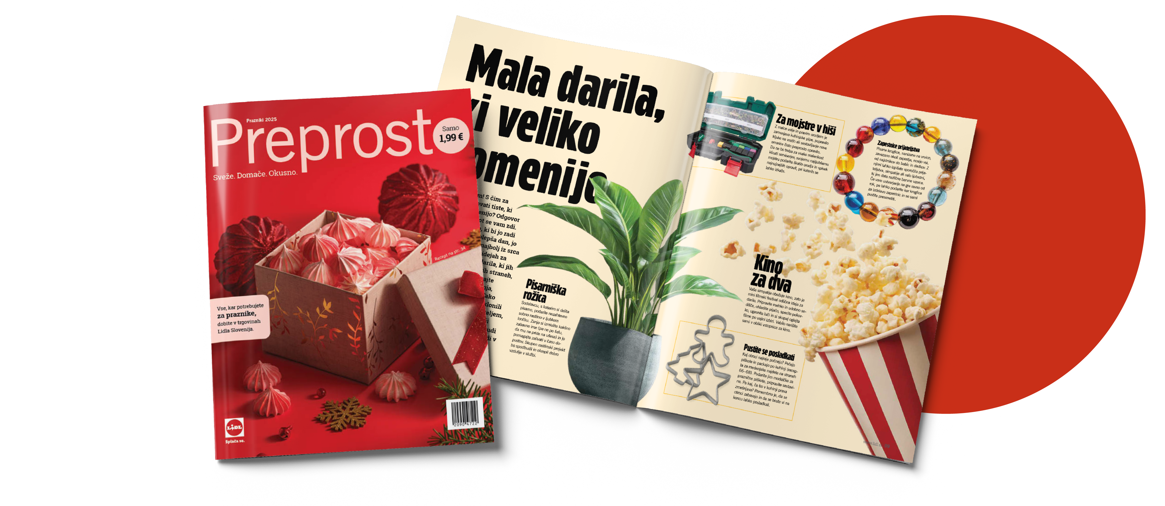 Dve reviji Preprosto Prazniki 2025 z rdečo naslovnico, ki prikazuje škatlo z meringami in božičnimi okraski.