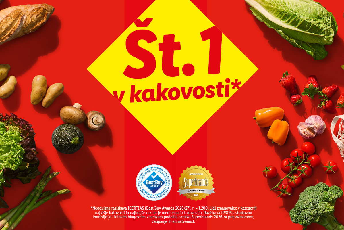 Št. 1 v kakovosti: Sveža zelenjava, sadje in kruh na rdeči podlagi, z nagradami BestBuy in Superbrands.