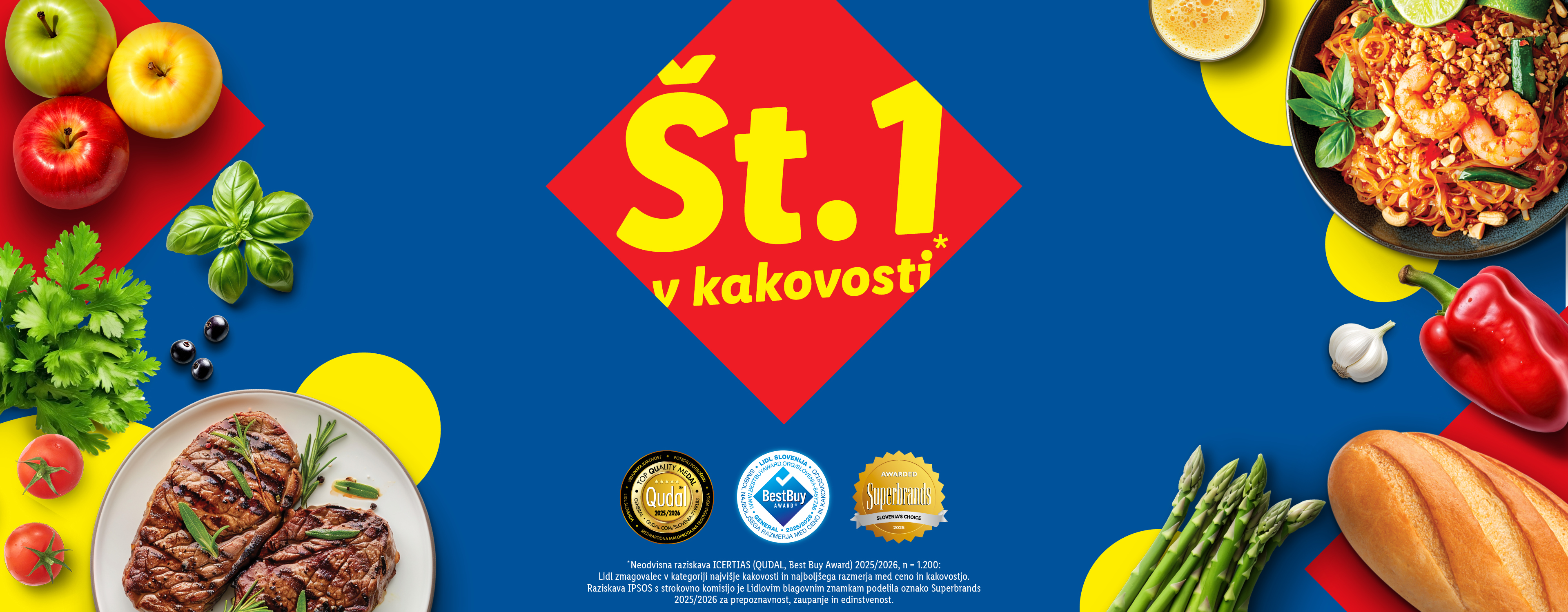 Lidl oglašuje svojo kakovost s številnimi nagradami in prikazuje okusno hrano.