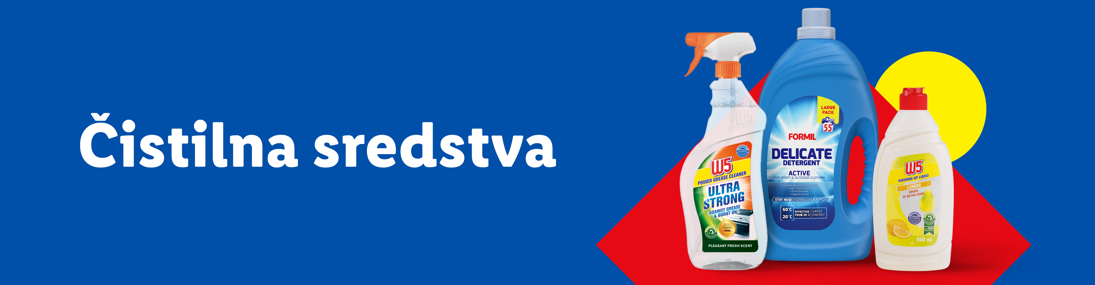 Čistilna sredstva Formil in W5: tekočina za pomivanje posode, čistilo za maščobe in detergent.