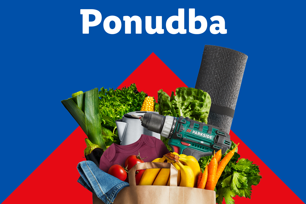 Parkside vrtalnik in živila v papirnati vrečki na rdeče-modrem ozadju, z napisom Ponudba.
