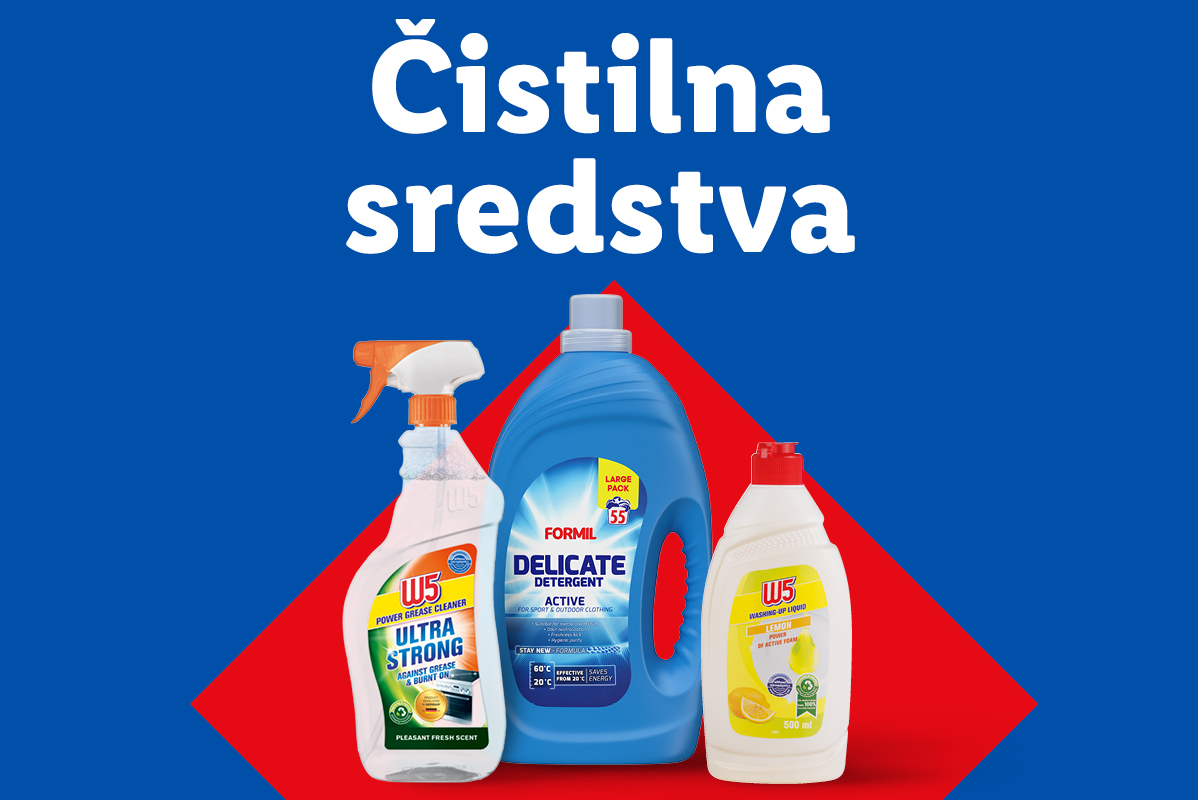 Čistilna sredstva Formil in W5: tekočina za pomivanje posode, čistilo za maščobe in detergent.
