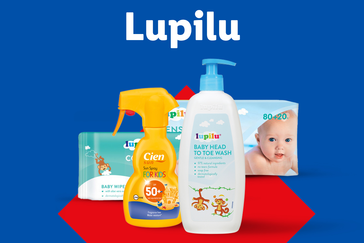 Lupilu otroški izdelki: milo za telo, sončni sprej Cien in vlažne robčke.