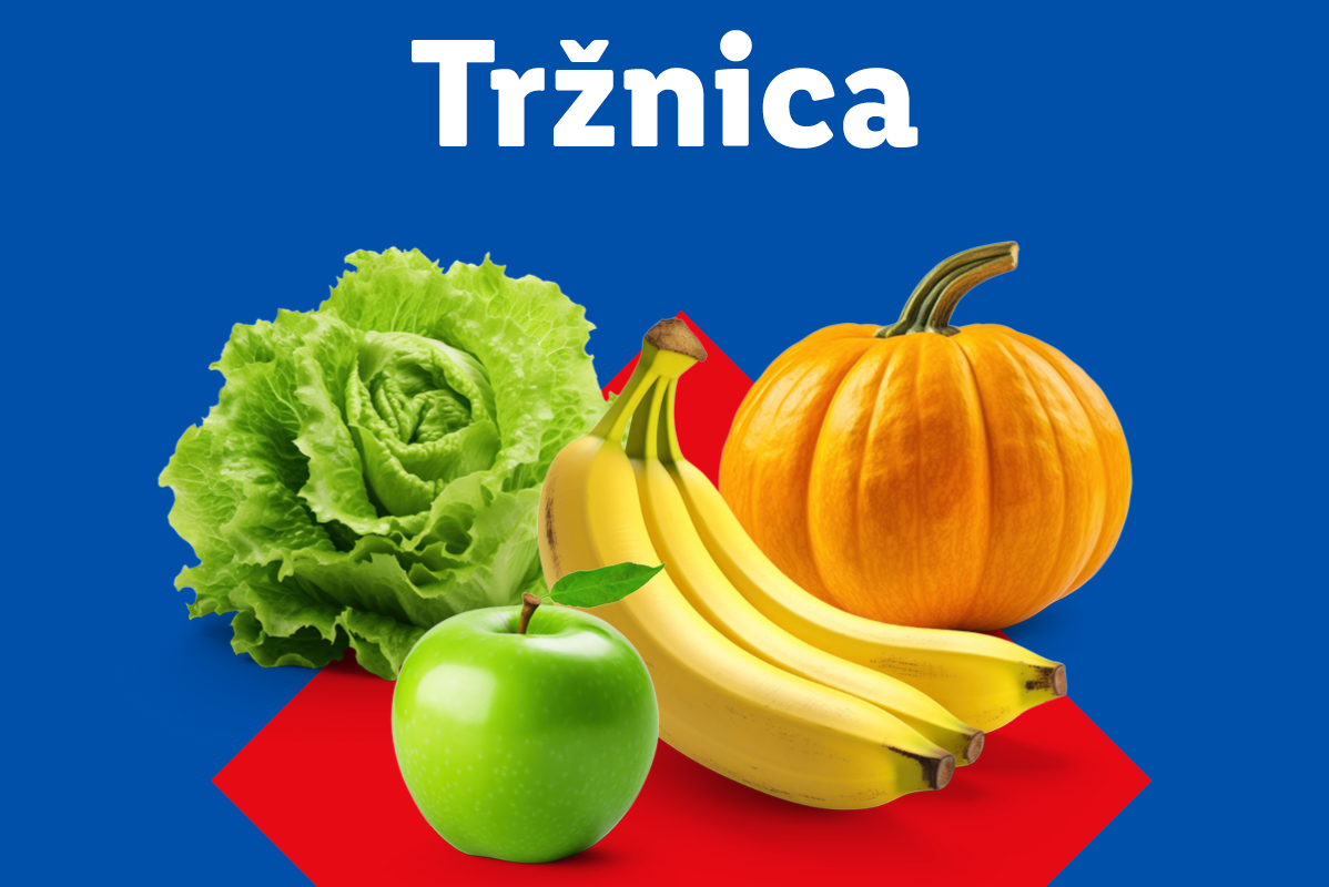 Tržnica: solata, banane, buča in jabolko na rdečem ozadju.