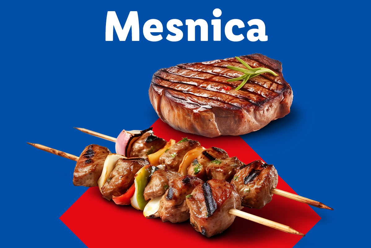 Slika prikazuje mesnico z žarom in ražnjiči.
