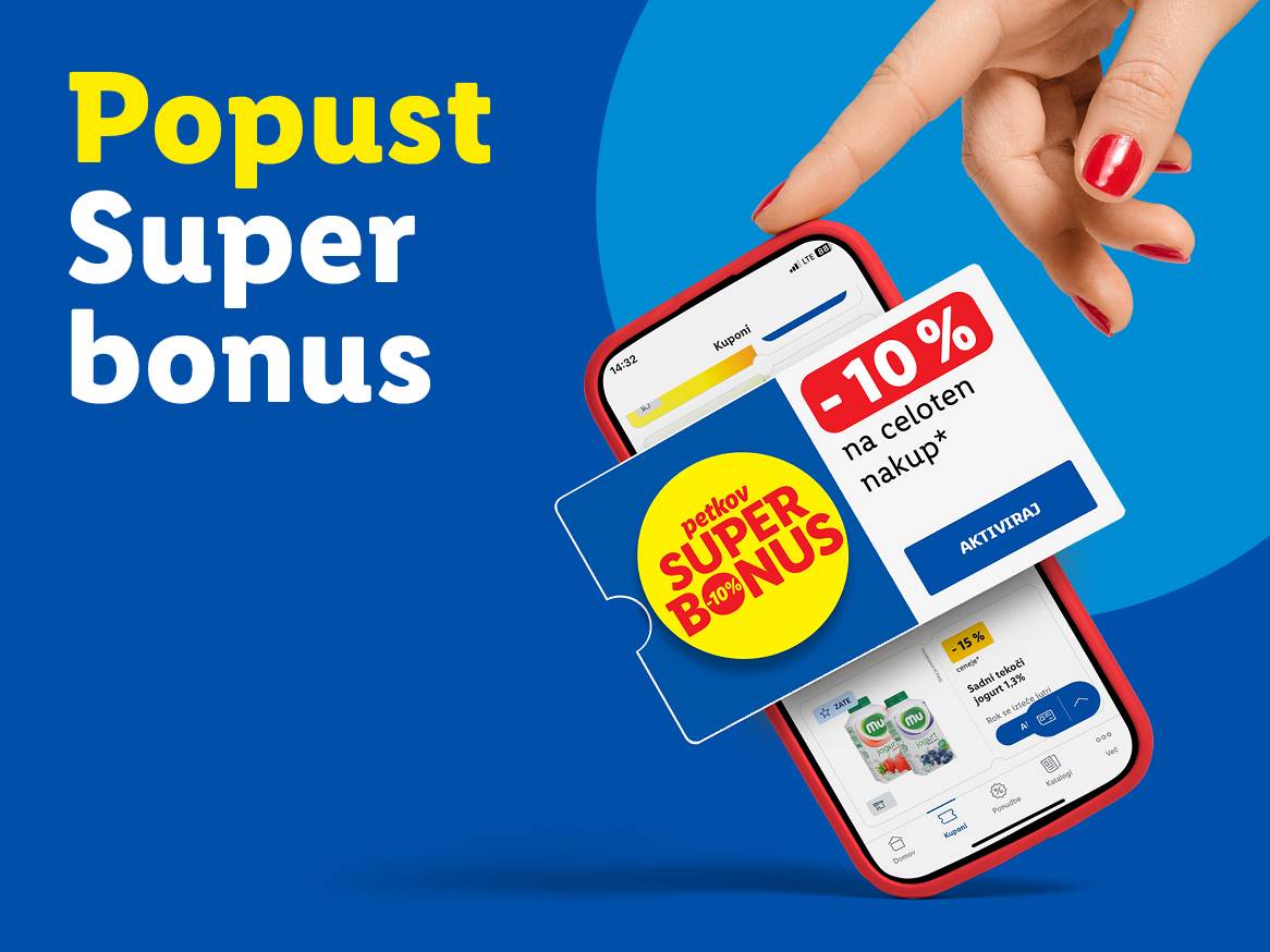 Mobilna aplikacija s kuponi za 10% popust na celoten nakup in 15% popust na jogurt.
