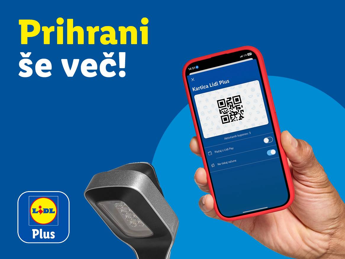 Telefon s kartico zvestobe in čitalnik črtne kode, z napisom »Prihrani še več!«