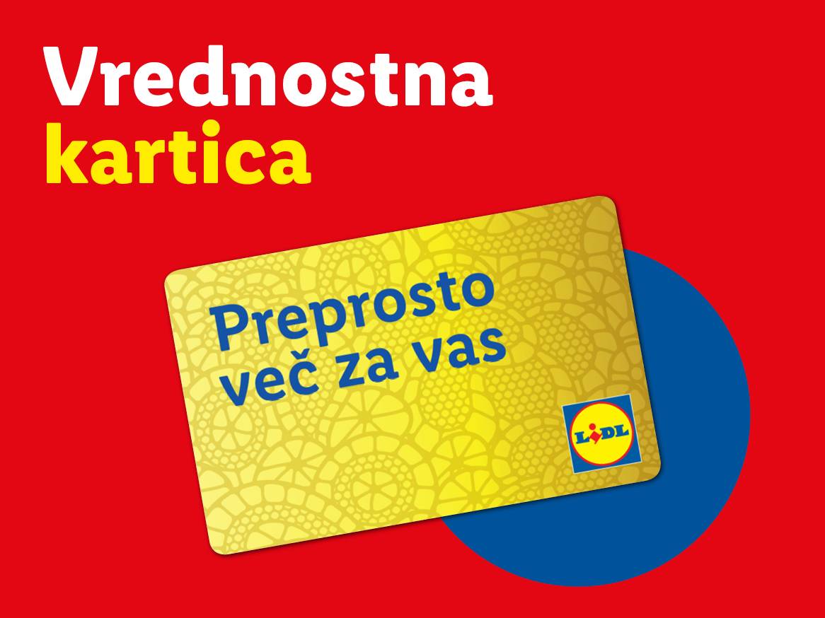Rdeče ozadje z rumeno kartico z napisom »Preprosto več za vas« in logotipom trgovine.