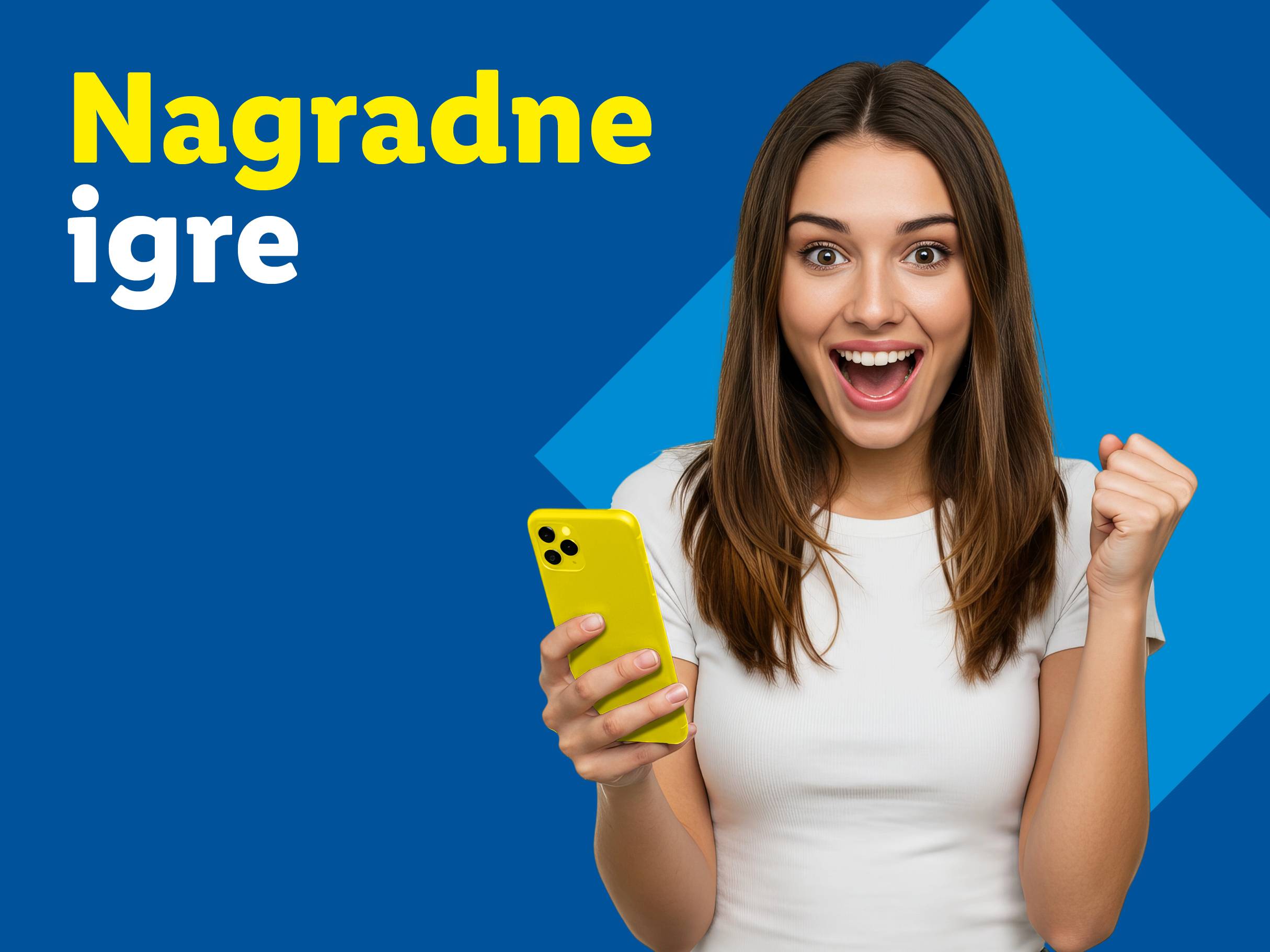 Ženska z mobilnim telefonom in napisom »Nagradne igre«.