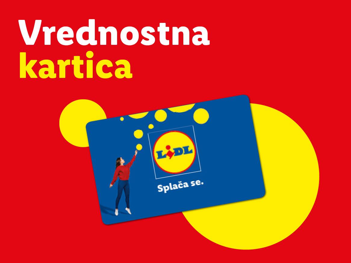 Modra kartica z logotipom trgovine in žensko, ki sega po rumenih krogih, na rdečem ozadju z napisom »Vrednostna kartica«.