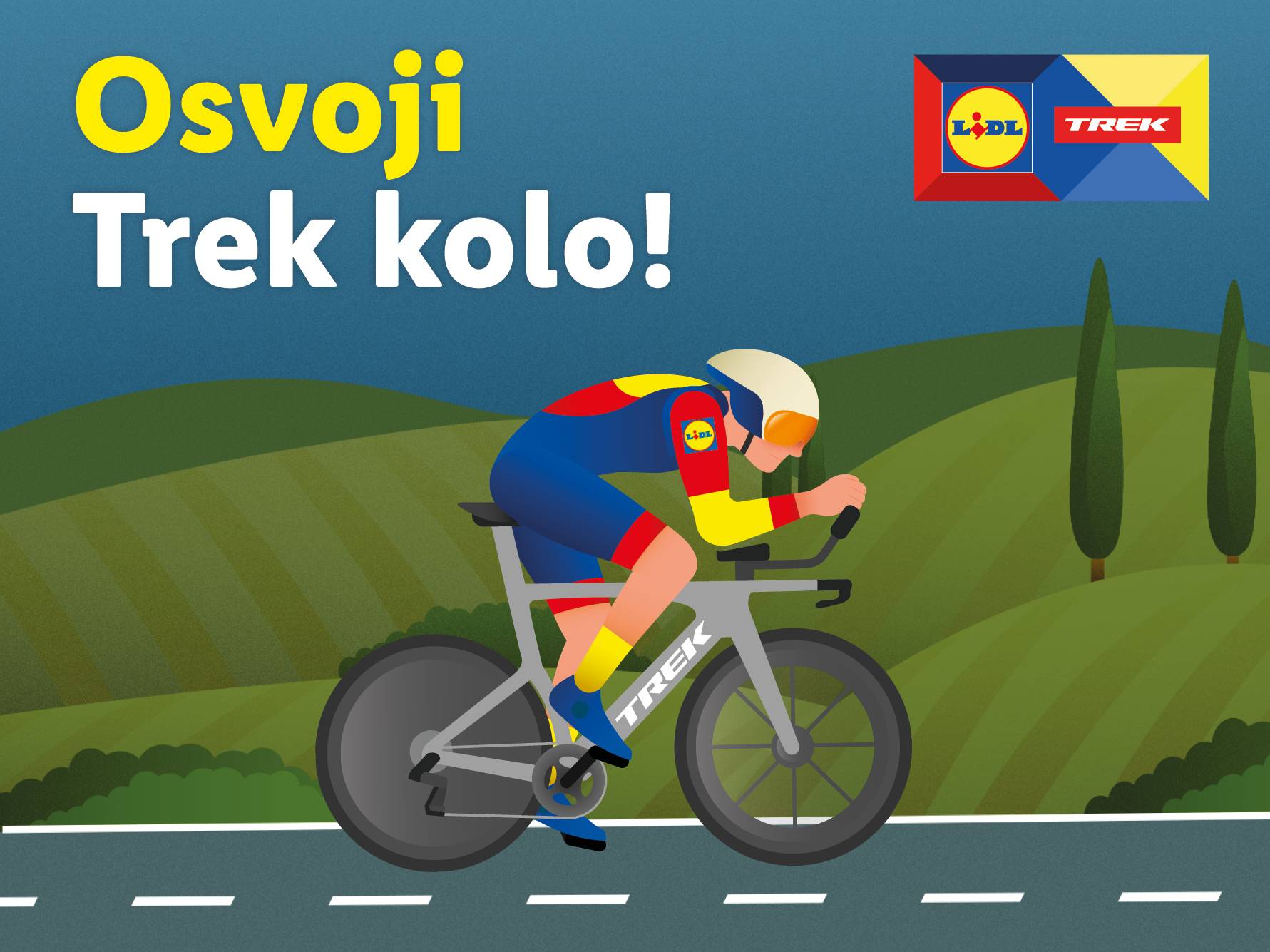 Kolesar na Trek kolesu v LIDL-ovi obleki se vozi po podeželju.