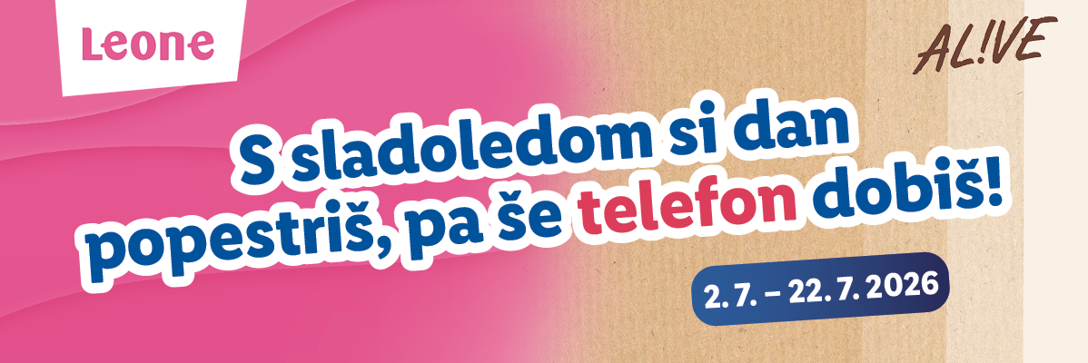 Oglas za sladoled z napisom 'S sladoledom si dan popestriš, pa še telefon dobiš!' in datumom 2.7.-22.7.2026.