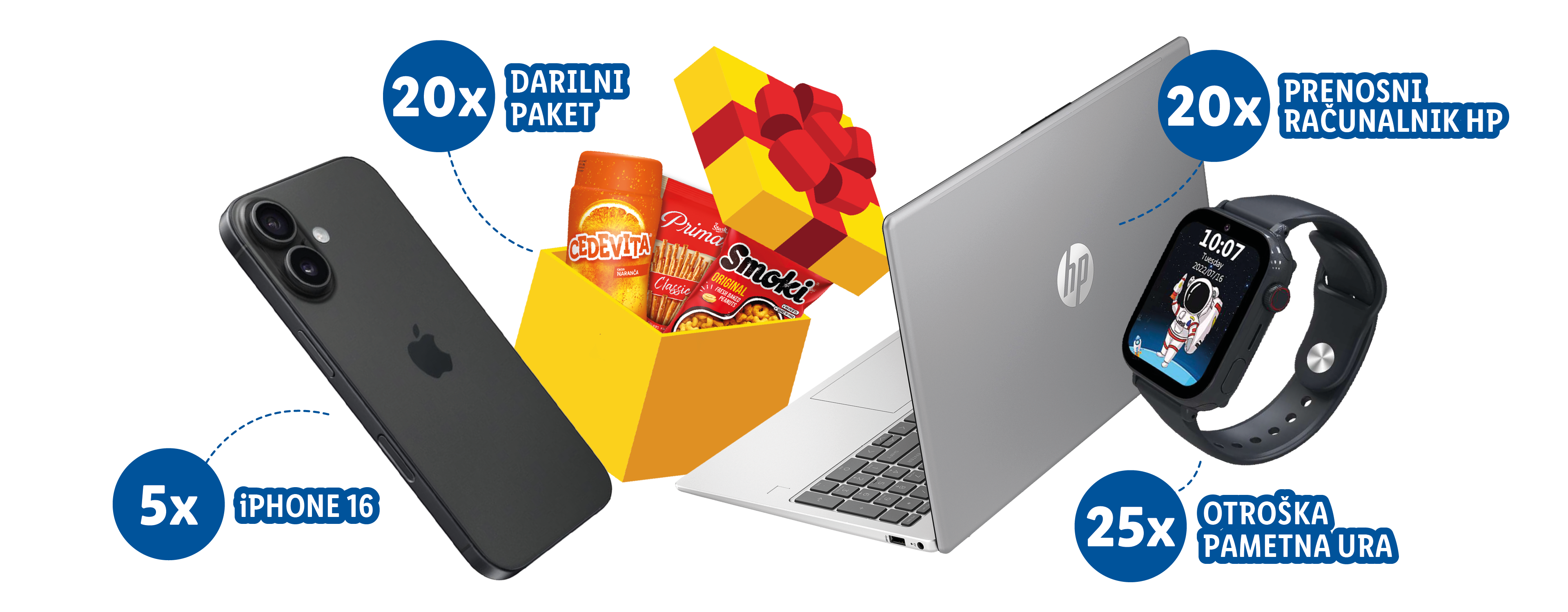 Nagradna igra: HP prenosnik, iPhone 16, otroška pametna ura in darilni paket.