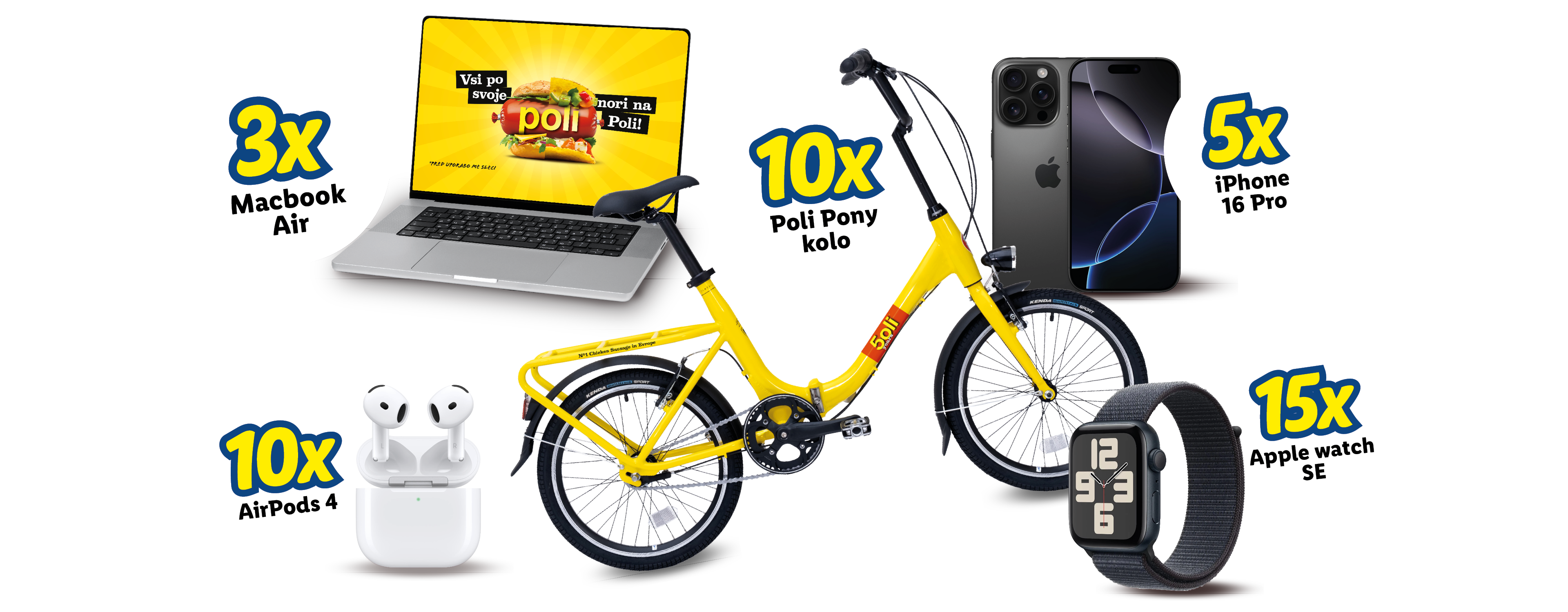 Prikaz nagrad, vključno z MacBook Air, iPhone 16 Pro, kolesom Poli Pony, AirPods 4 in Apple Watch SE.