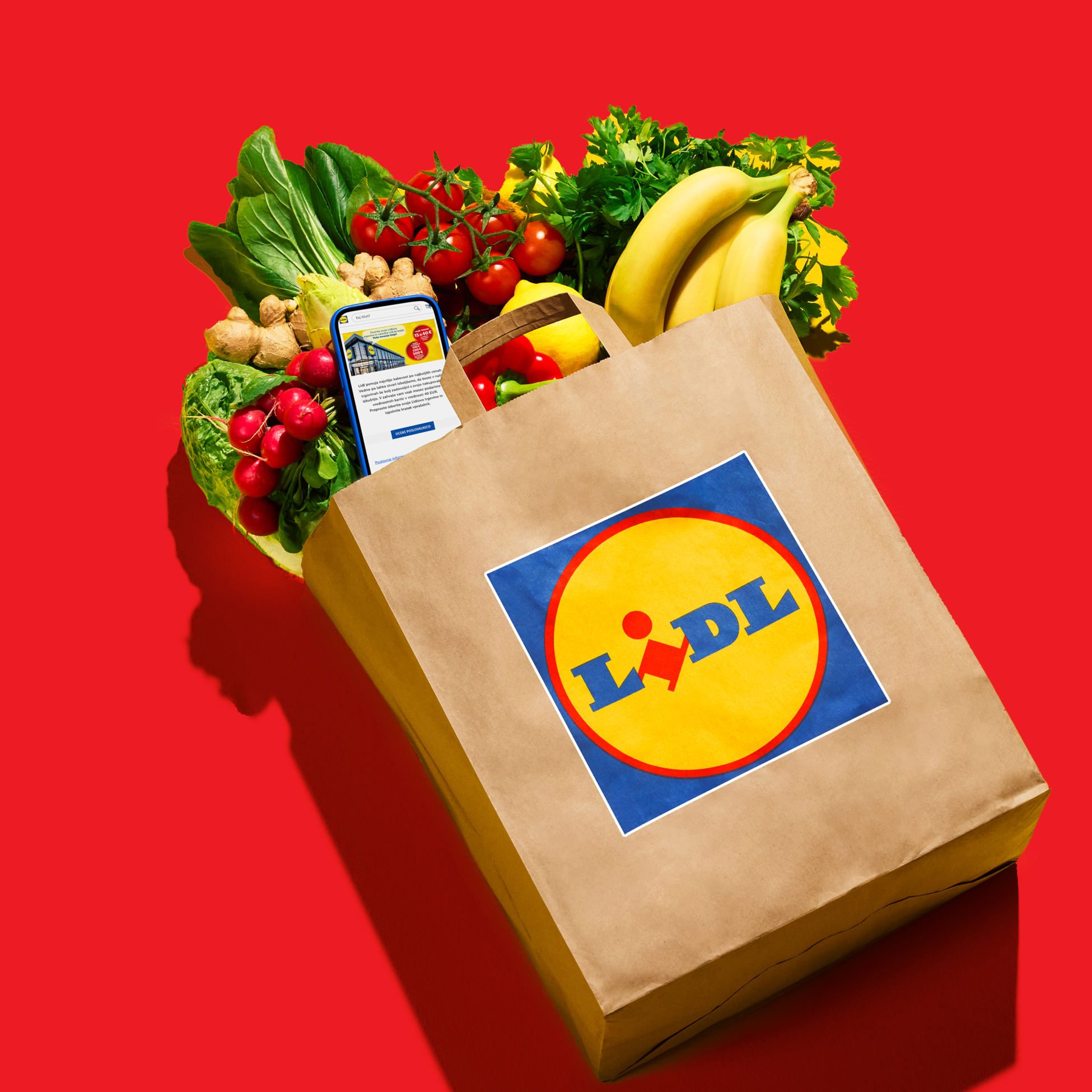 Nakupovalna vrečka Lidl, polna svežega sadja in zelenjave, s telefonom, ki prikazuje spletno stran Lidla.