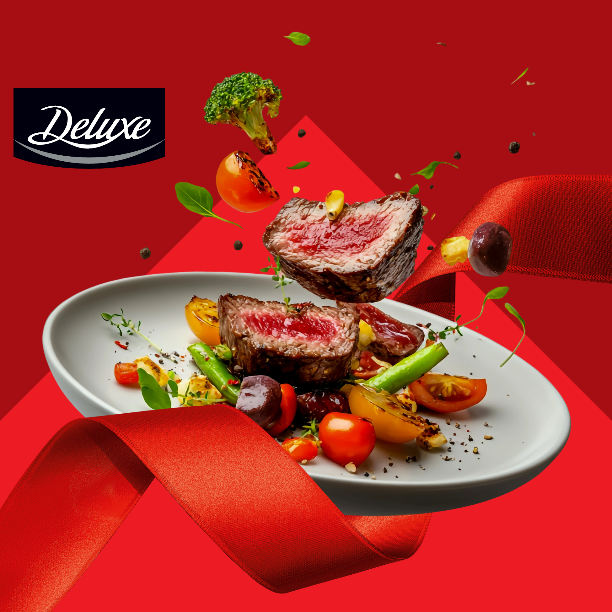 Deluxe goveji zrezki z zelenjavo in rdečim trakom