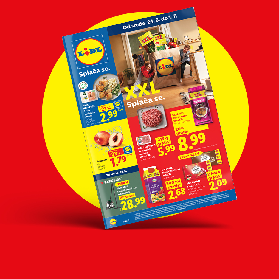 Lidl letak z XXL ponudbo, vključno s piščančjimi stegni, mletim mesom, kavo, nektarinami in sesalnikom.