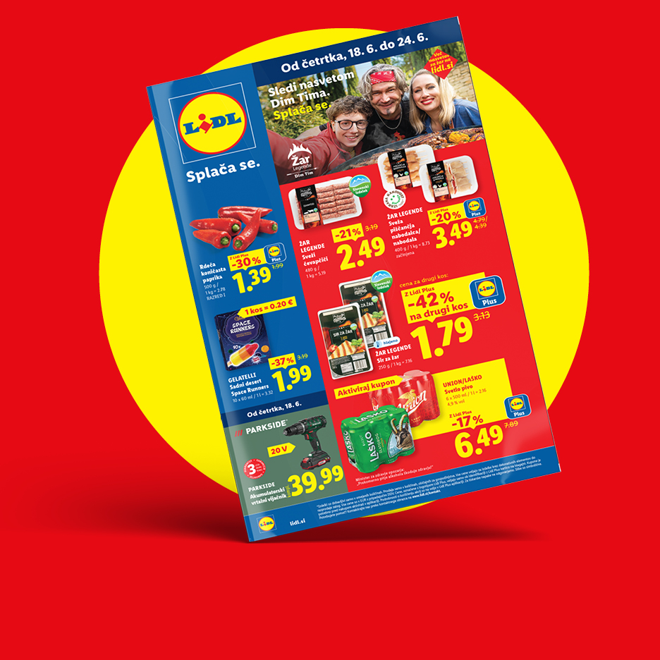 Lidl letak z akcijskimi ponudbami na meso za žar, papriko, sladice in orodje.